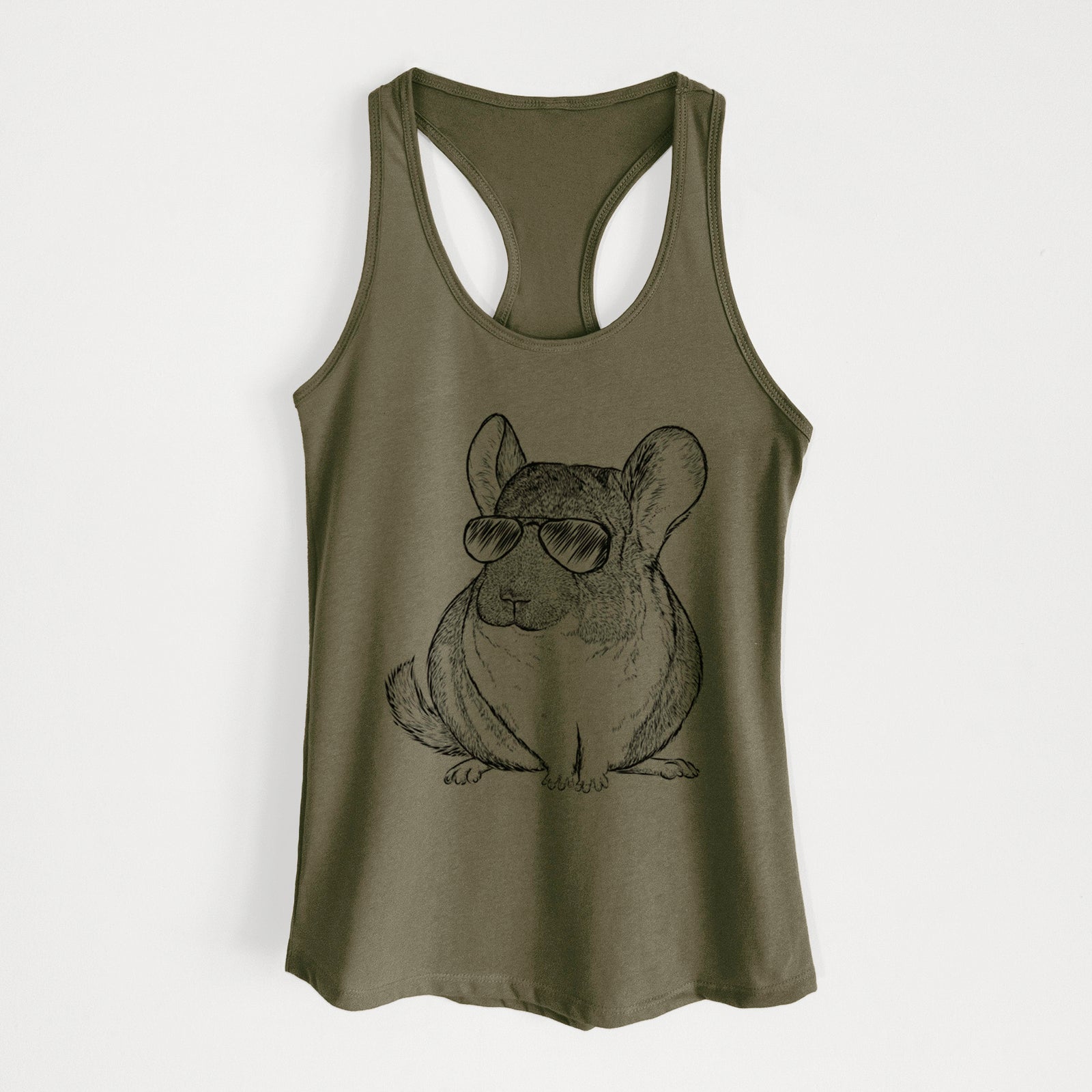 Hand-drawn sketch of Cheddar the Chinchilla wearing aviator sunglasses on a Military Green Women's racerback tanktop