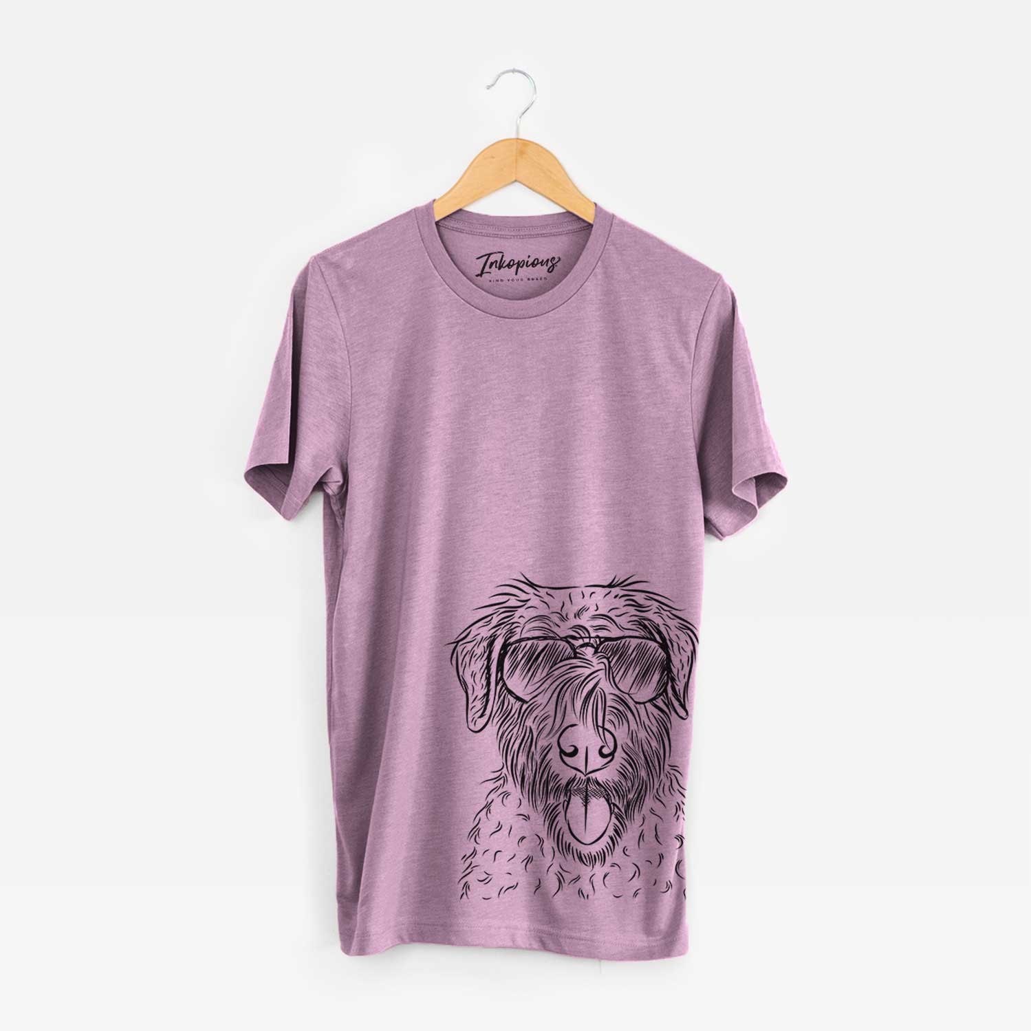 Hand-drawn sketch of Chester the Soft Coated Wheaten Terrier wearing aviator sunglasses on an Orchid Bella Canvas Unisex Crewneck