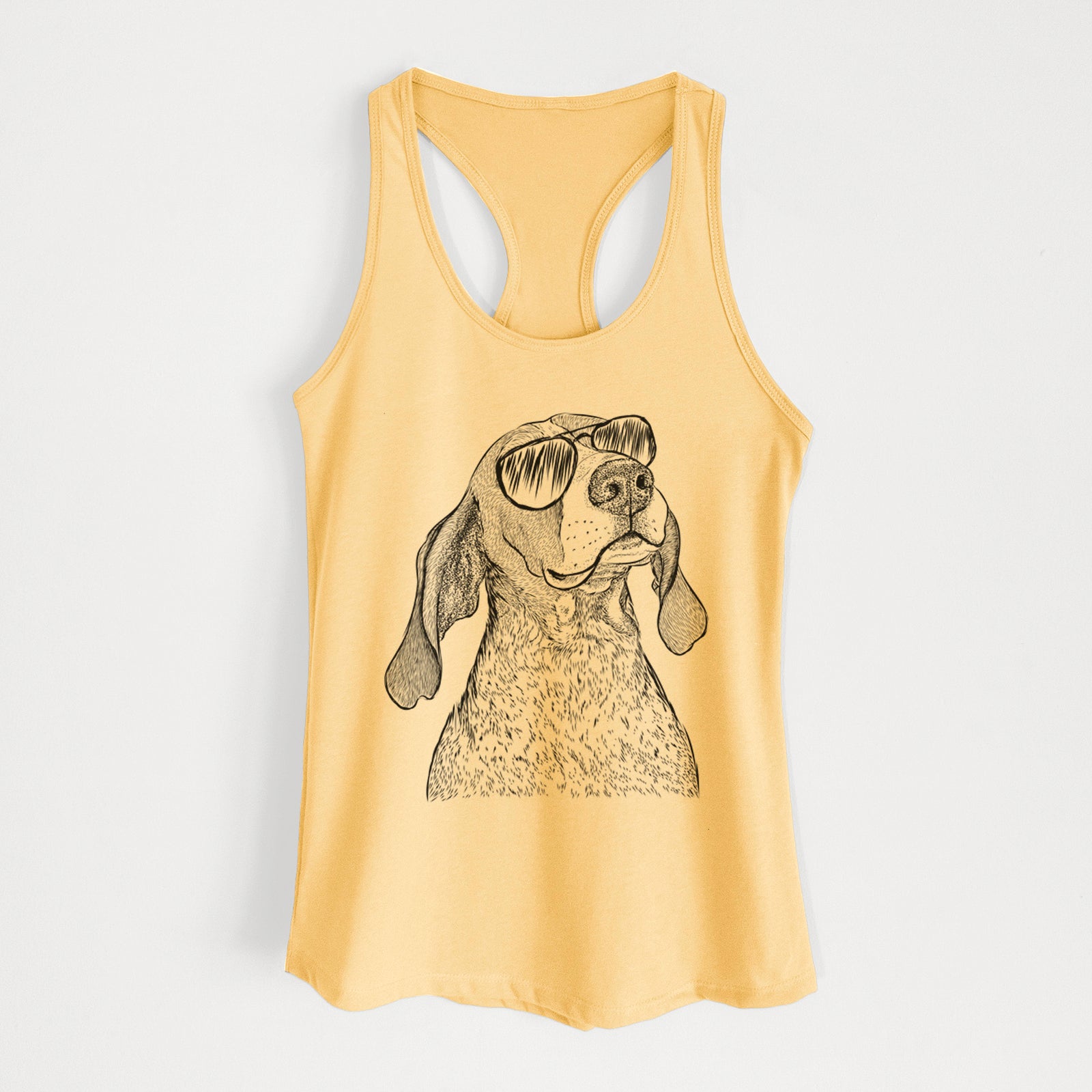 Hand-drawn sketch of Chester the Red Tick Coonhound wearing aviator sunglasses on a Banana Cream Women's racerback tanktop