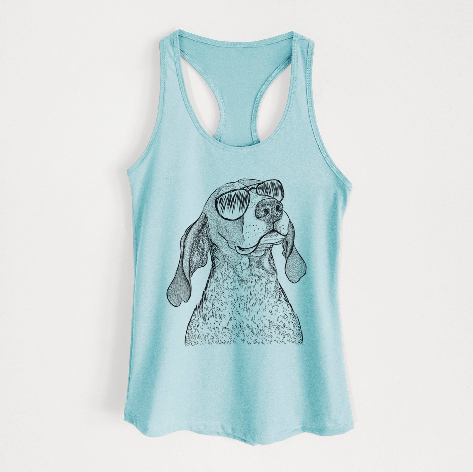Hand-drawn sketch of Chester the Red Tick Coonhound wearing aviator sunglasses on a Cancun Blue Women's racerback tanktop