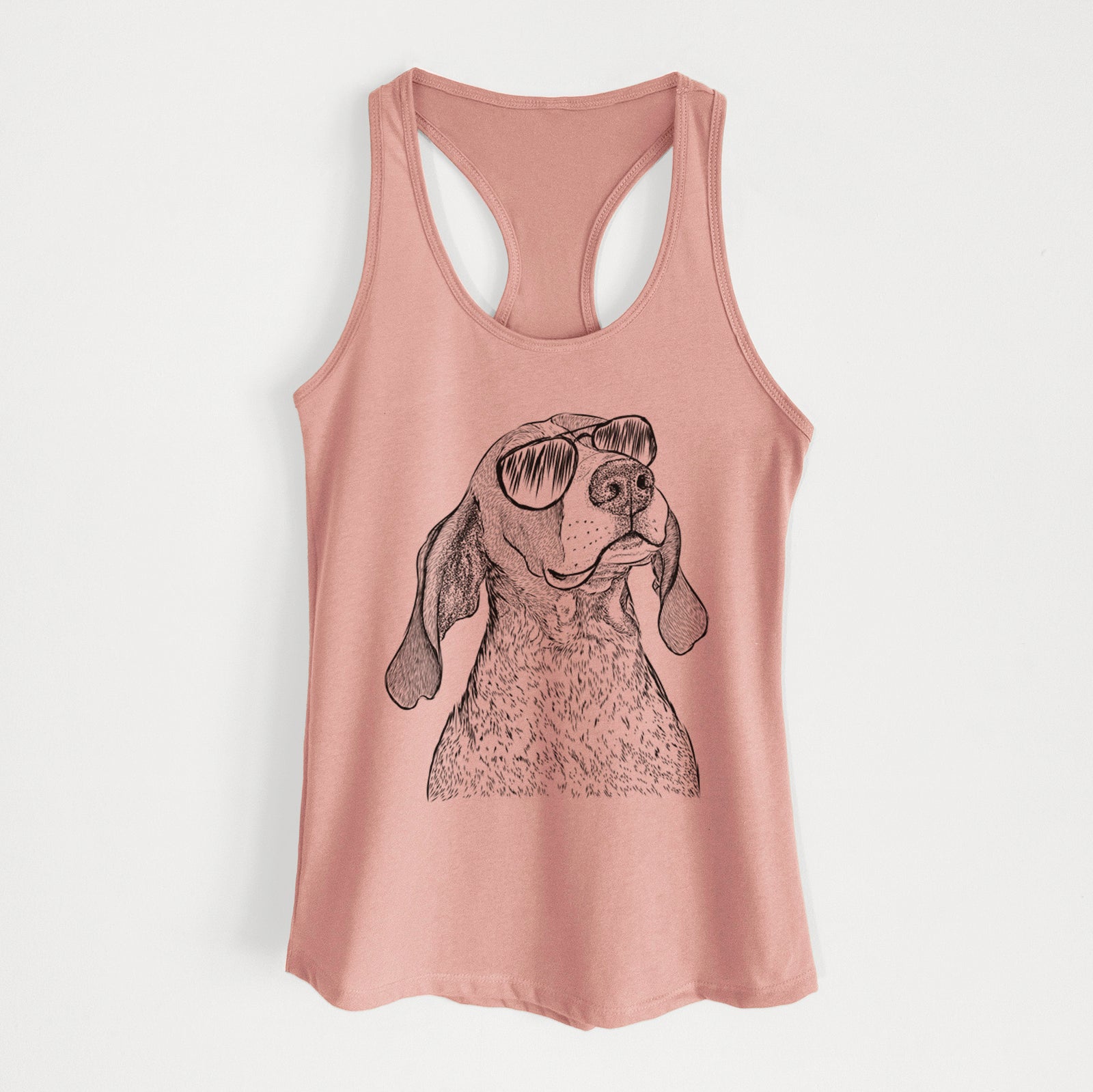 Hand-drawn sketch of Chester the Red Tick Coonhound wearing aviator sunglasses on a Desert Pink Women's racerback tanktop