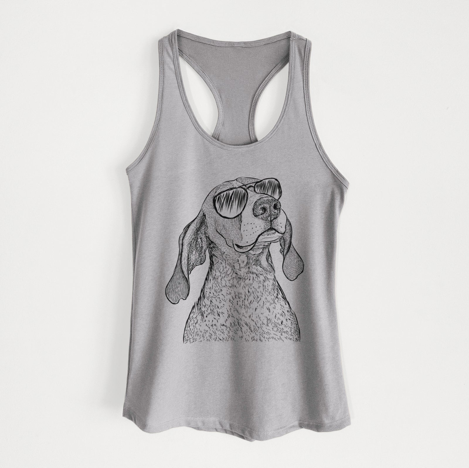 Hand-drawn sketch of Chester the Red Tick Coonhound wearing aviator sunglasses on a Heather Grey Women's racerback tanktop