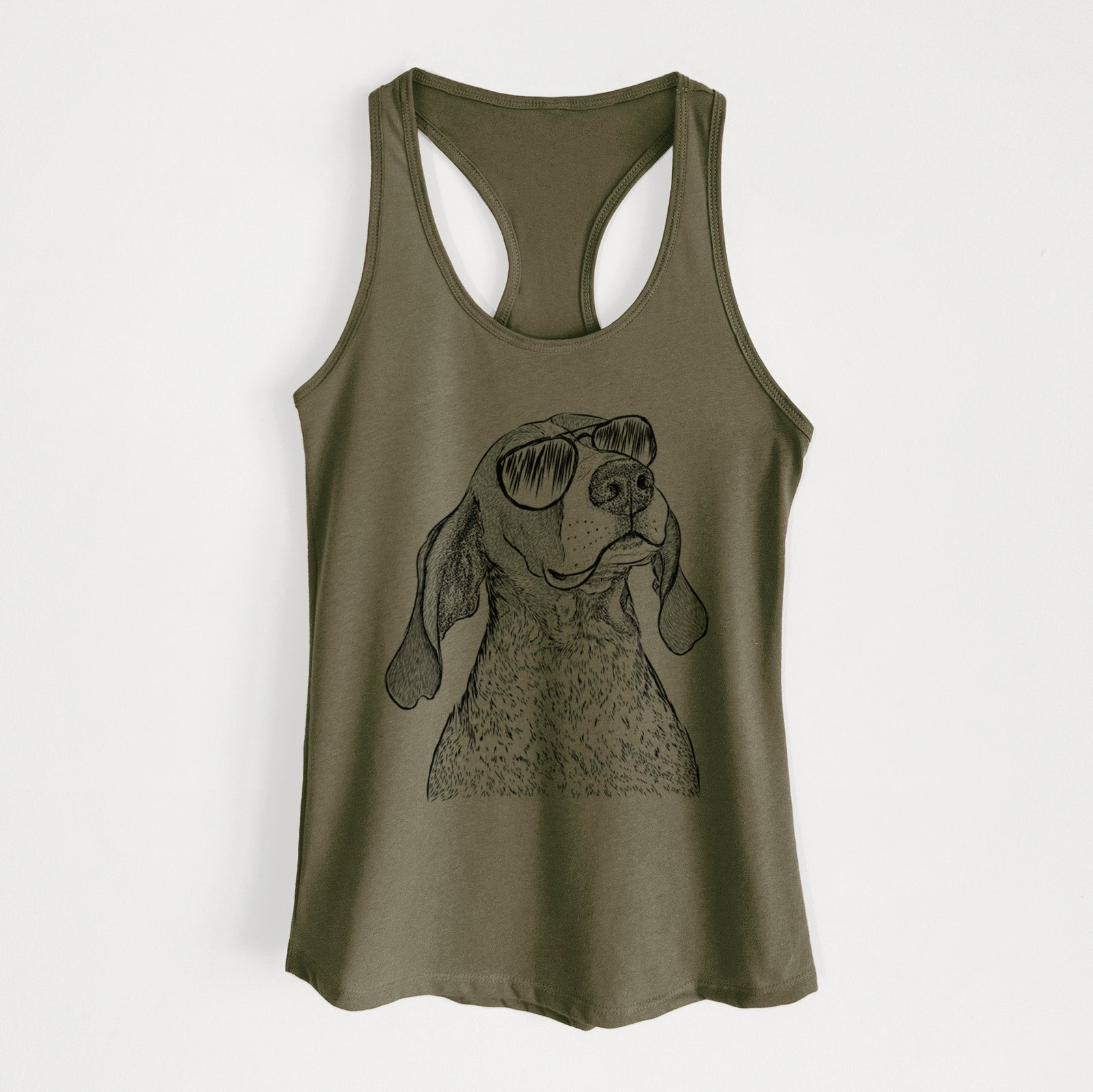 Hand-drawn sketch of Chester the Red Tick Coonhound wearing aviator sunglasses on a Military Green Women's racerback tanktop