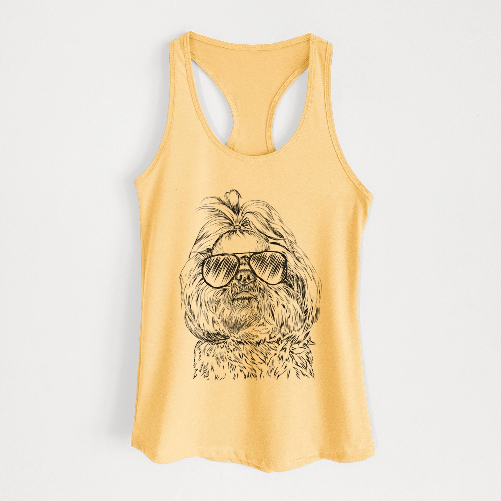 Hand-drawn sketch of Chewie the Shih Tzu wearing aviator sunglasses on a Banana Cream Women's racerback tanktop