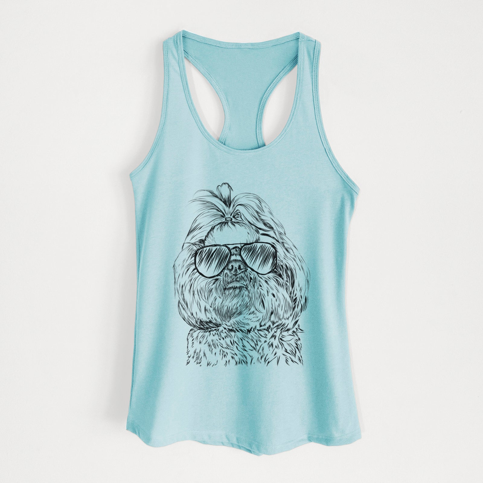 Hand-drawn sketch of Chewie the Shih Tzu wearing aviator sunglasses on a Cancun Blue Women's racerback tanktop