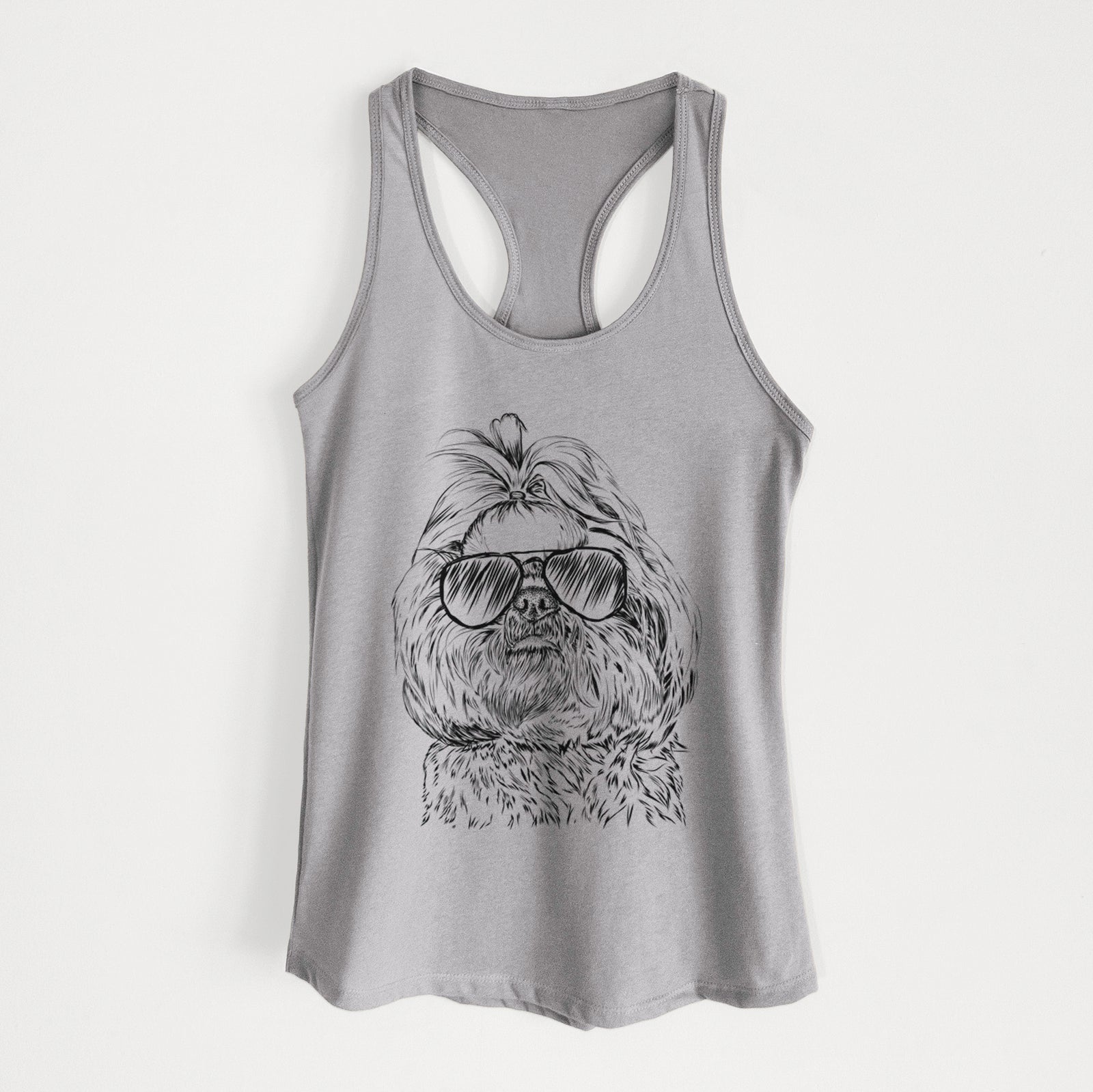 Hand-drawn sketch of Chewie the Shih Tzu wearing aviator sunglasses on a Heather Grey Women's racerback tanktop