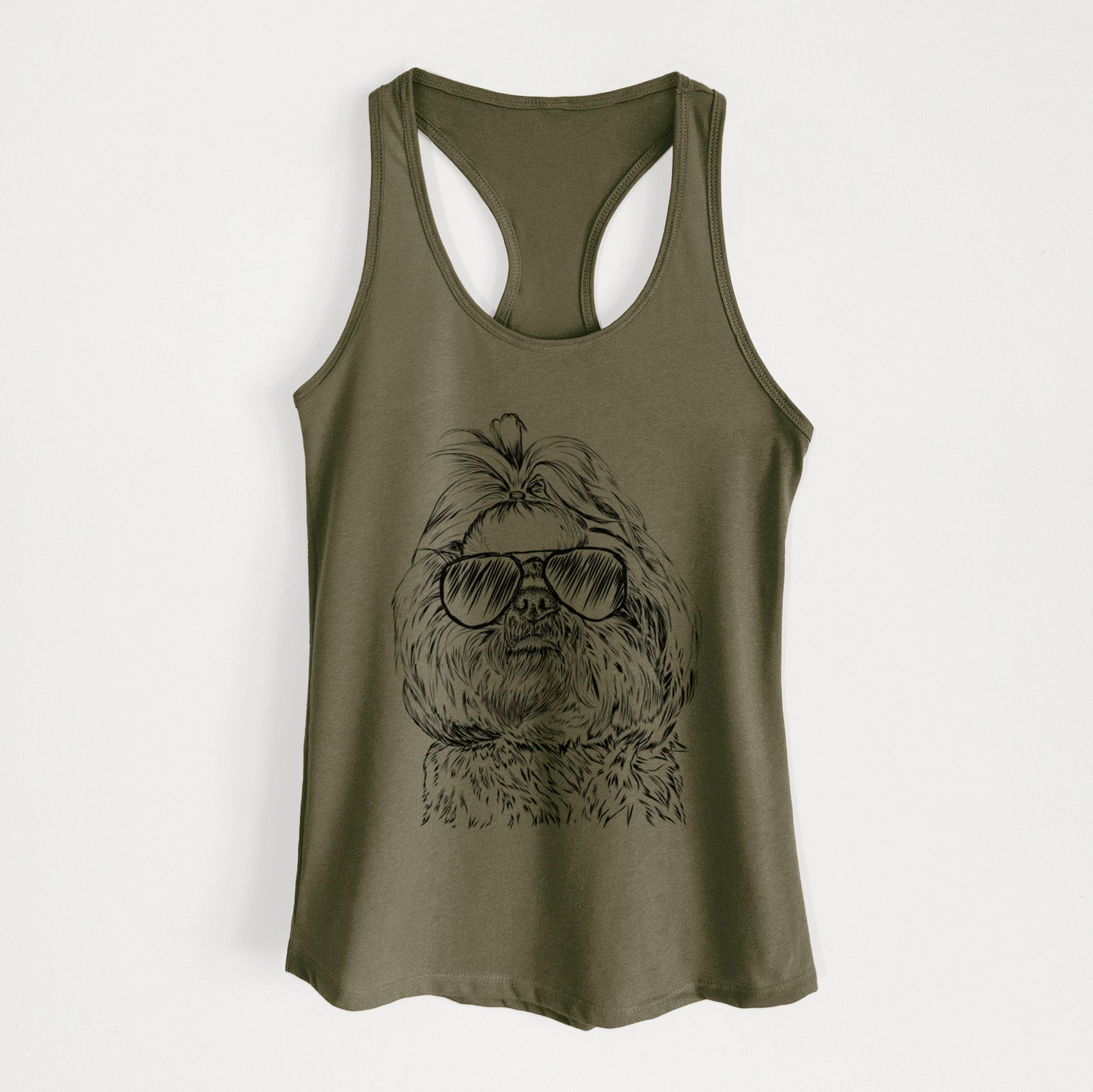 Hand-drawn sketch of Chewie the Shih Tzu wearing aviator sunglasses on a Military Green Women's racerback tanktop
