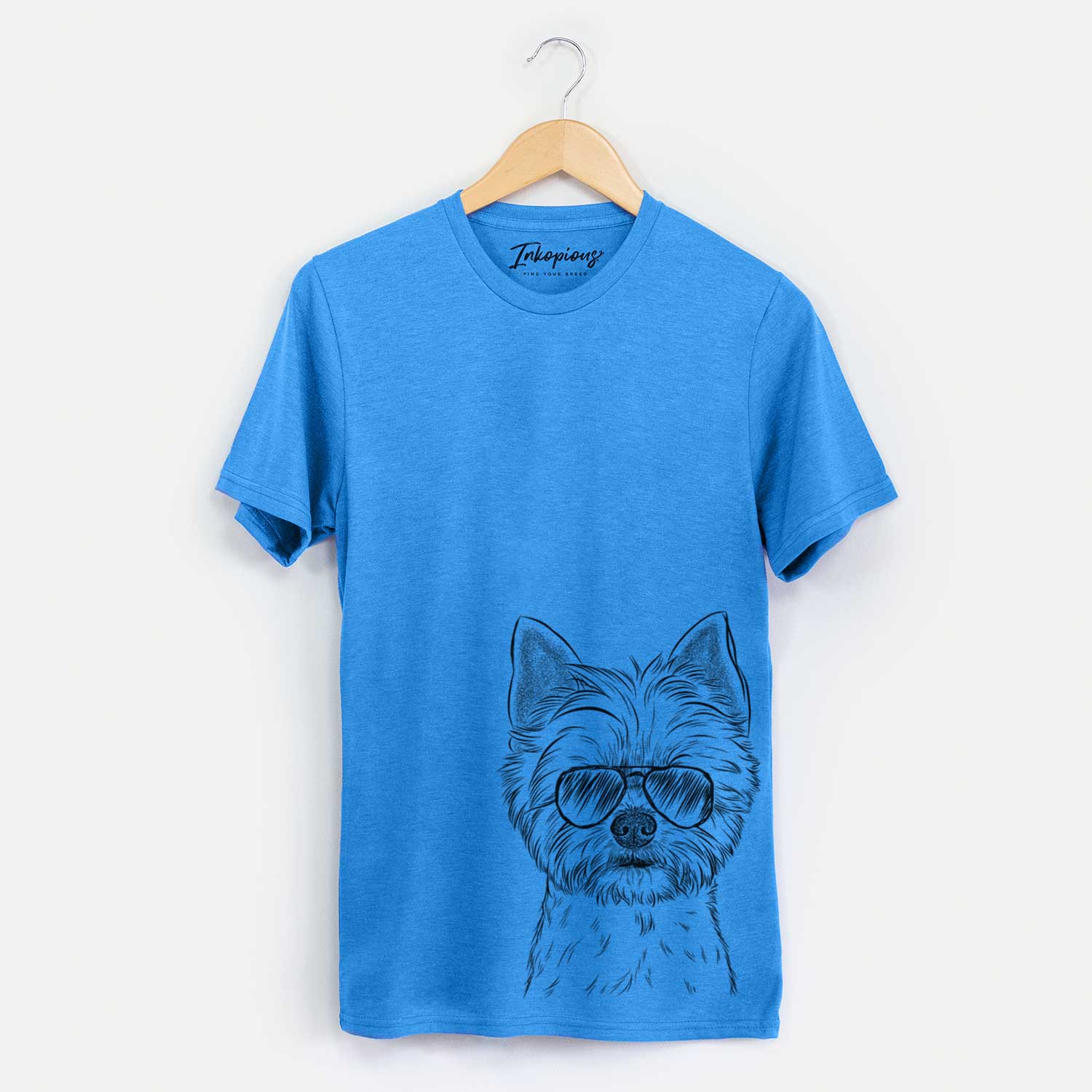 Hand-drawn sketch of Chewy the Yorkshire Terrier wearing aviator sunglasses on a Blue Unisex crewneck