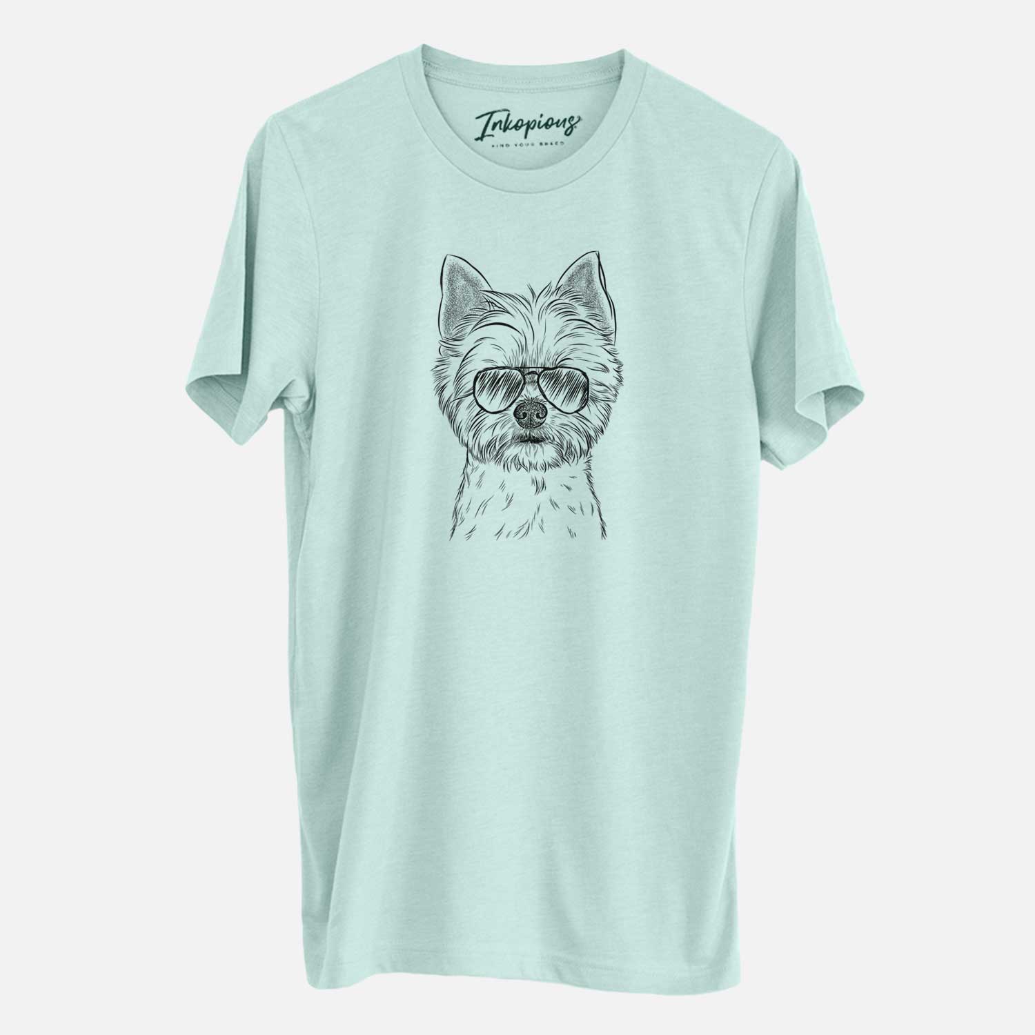 Hand-drawn sketch of Chewy the Yorkshire Terrier wearing aviator sunglasses on a Heather Sage Unisex crewneck