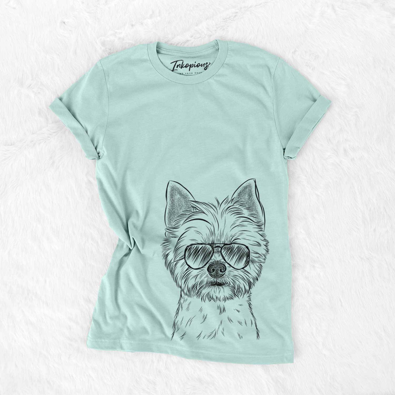 Hand-drawn sketch of Chewy the Yorkshire Terrier wearing aviator sunglasses on a Heather Sage Unisex crewneck