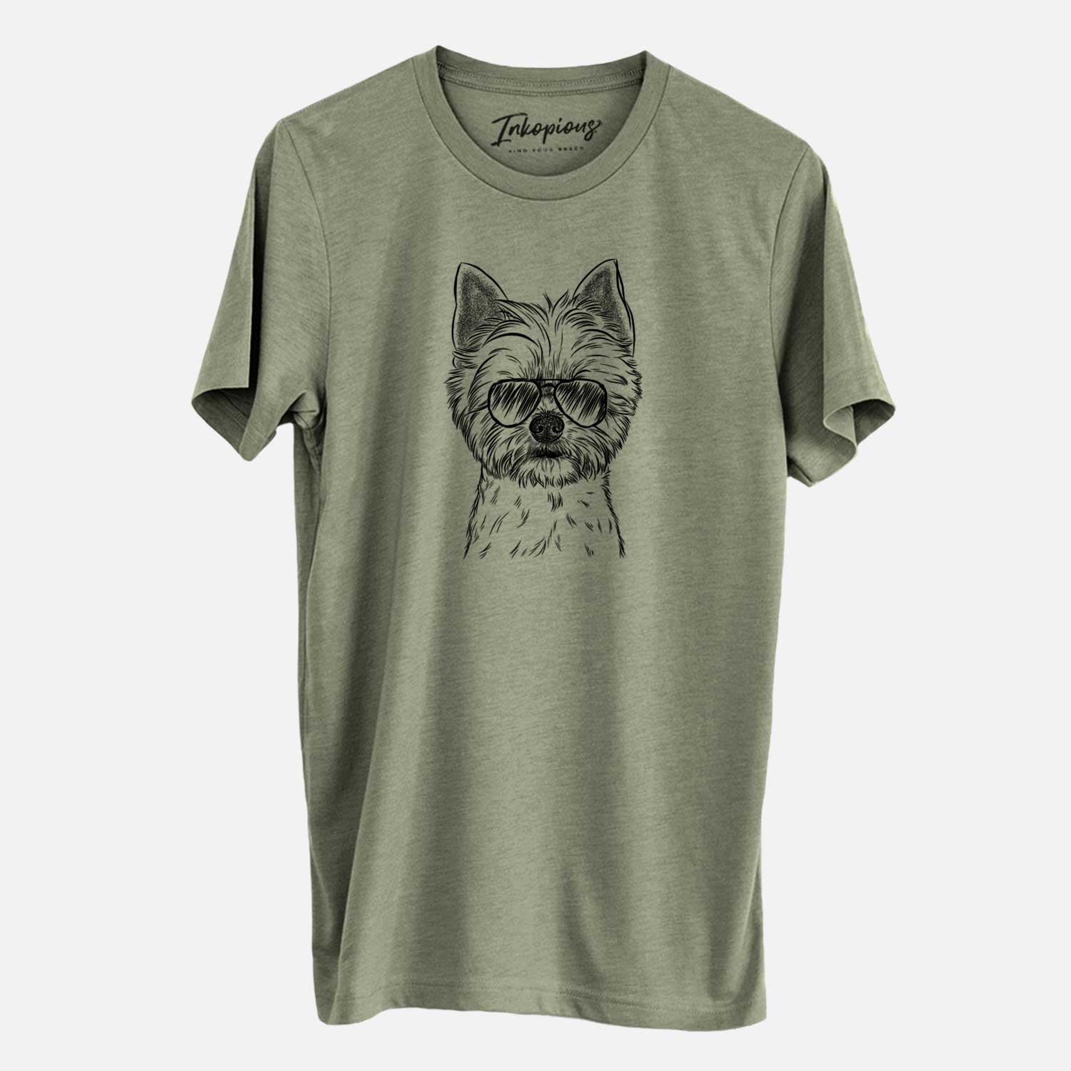 Hand-drawn sketch of Chewy the Yorkshire Terrier wearing aviator sunglasses on an Olive Unisex crewneck
