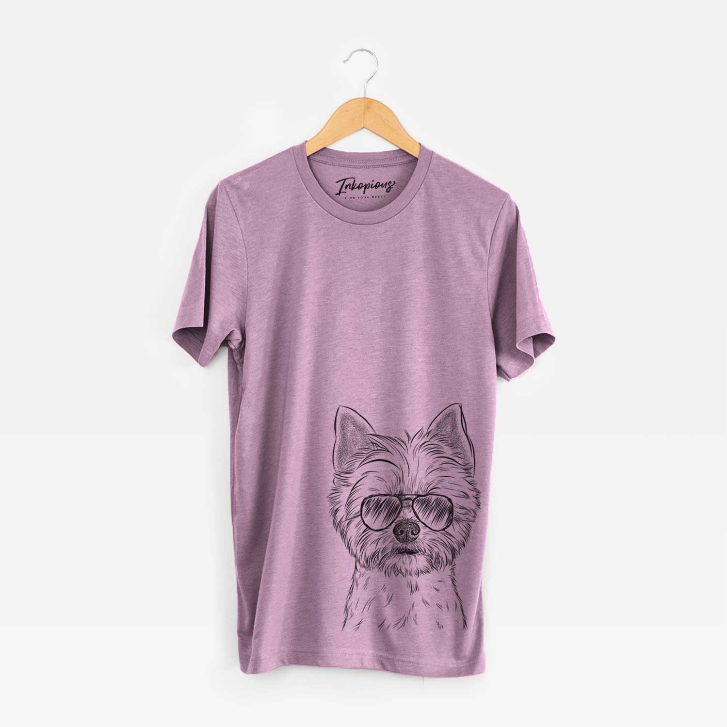 Hand-drawn sketch of Chewy the Yorkshire Terrier wearing aviator sunglasses on an Orchid Unisex crewneck