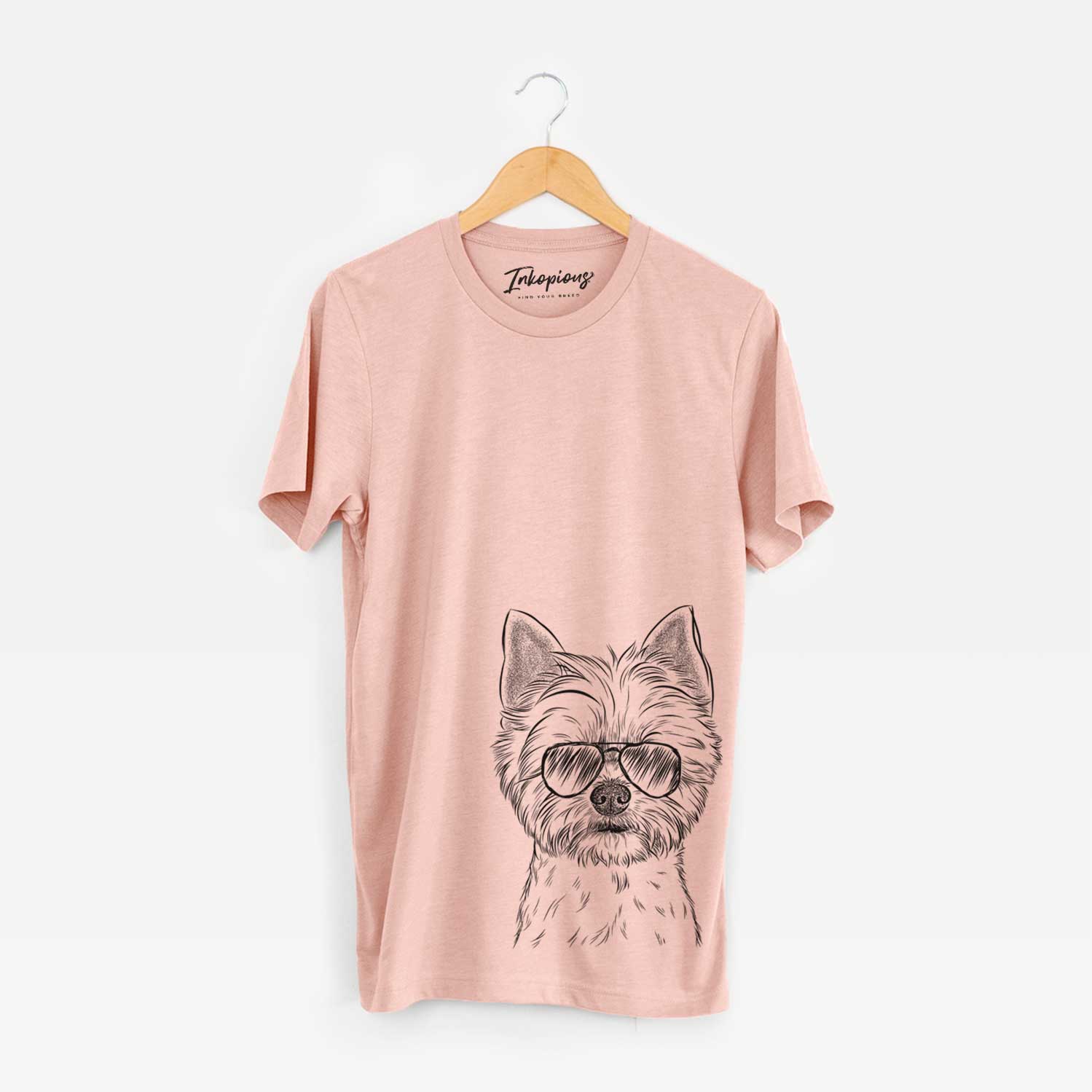 Hand-drawn sketch of Chewy the Yorkshire Terrier wearing aviator sunglasses on a Peach Unisex crewneck