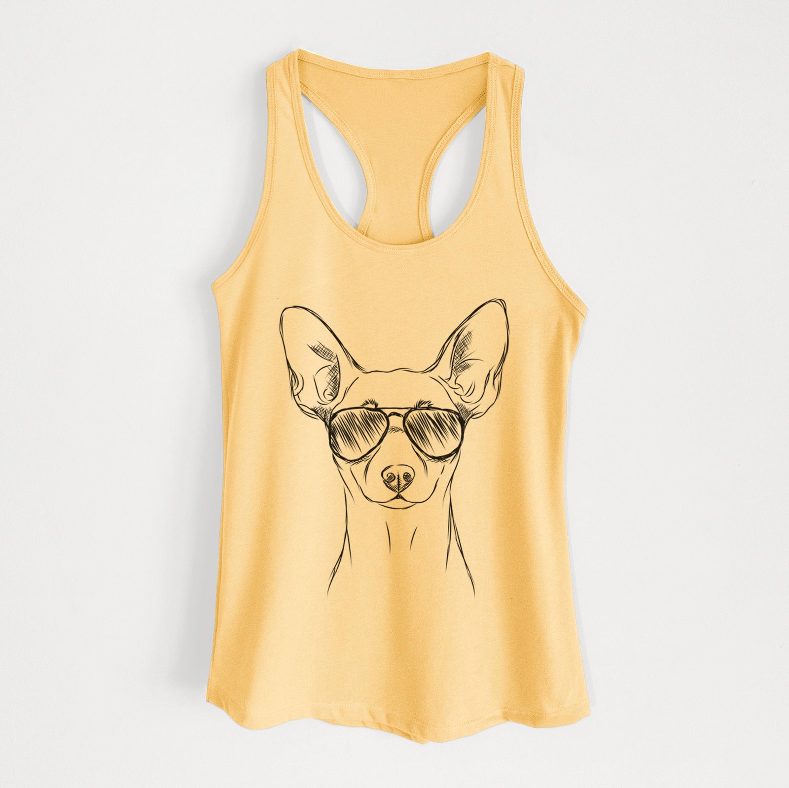 Hand-drawn sketch of Chillie the Mini Pinscher wearing aviator sunglasses on a Banana Cream Women's racerback tanktop