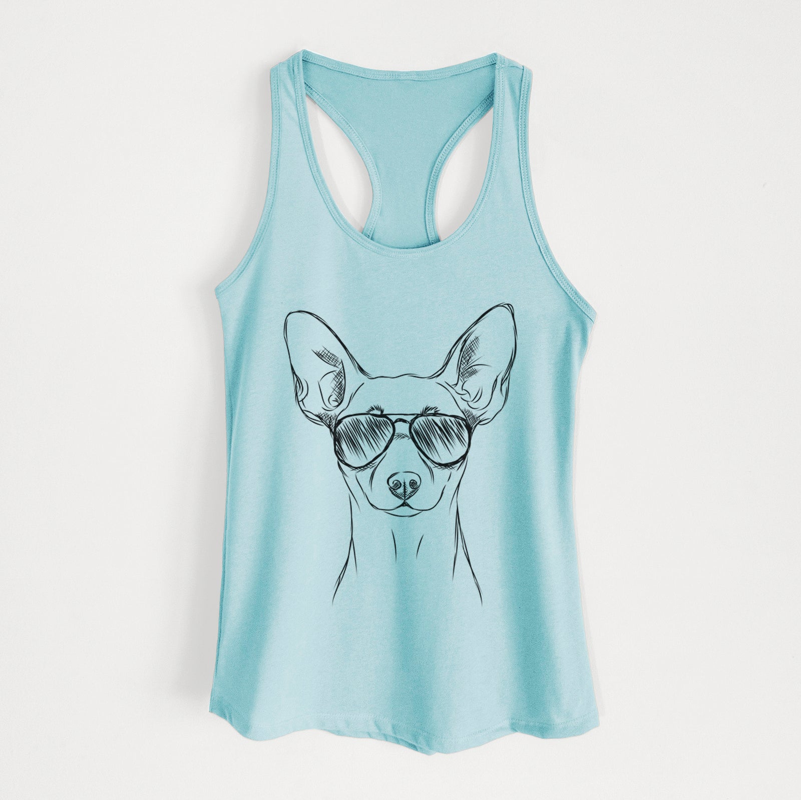 Hand-drawn sketch of Chillie the Mini Pinscher wearing aviator sunglasses on a Cancun Blue Women's racerback tanktop
