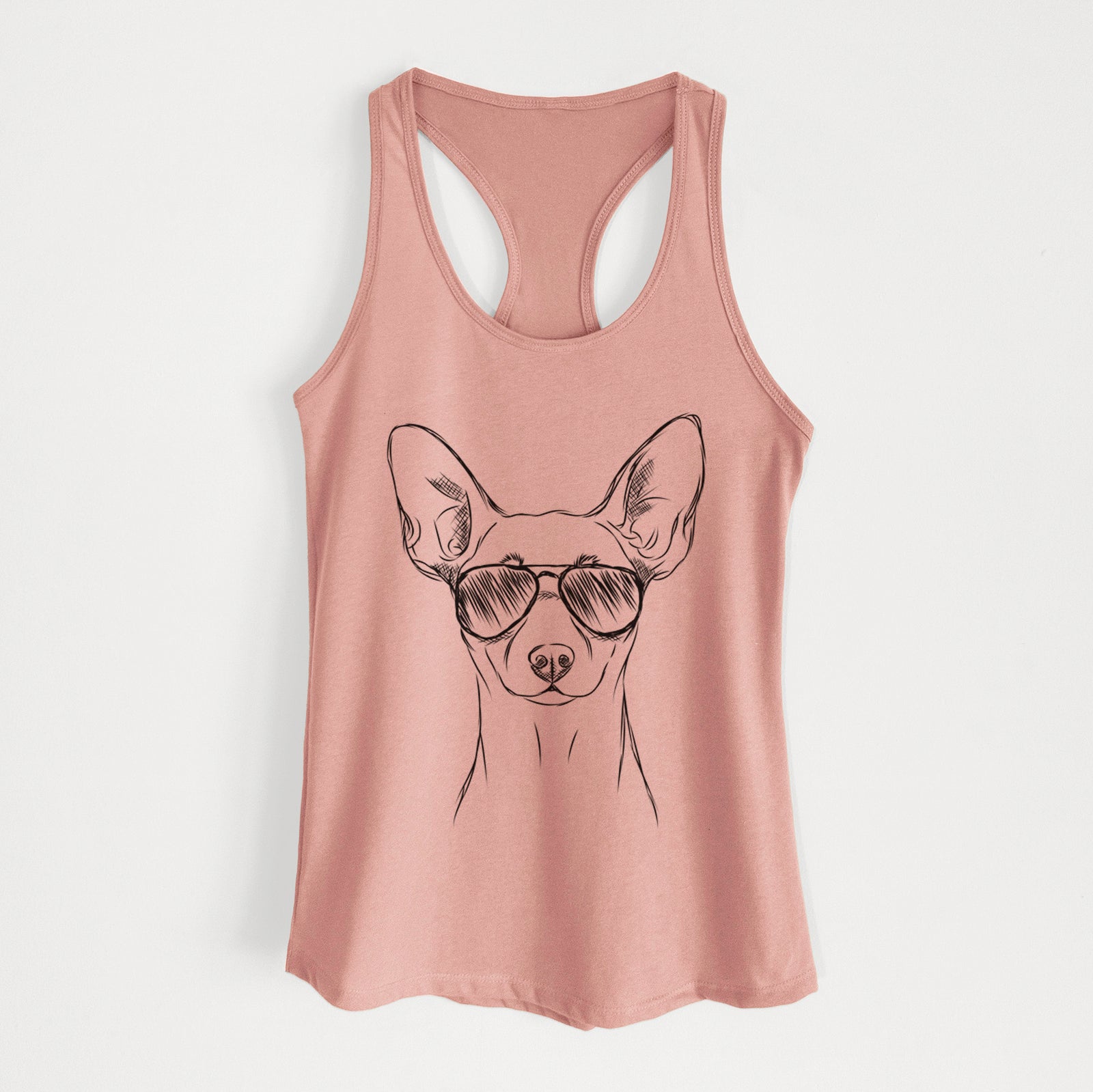 Hand-drawn sketch of Chillie the Mini Pinscher wearing aviator sunglasses on a Desert Pink Women's racerback tanktop
