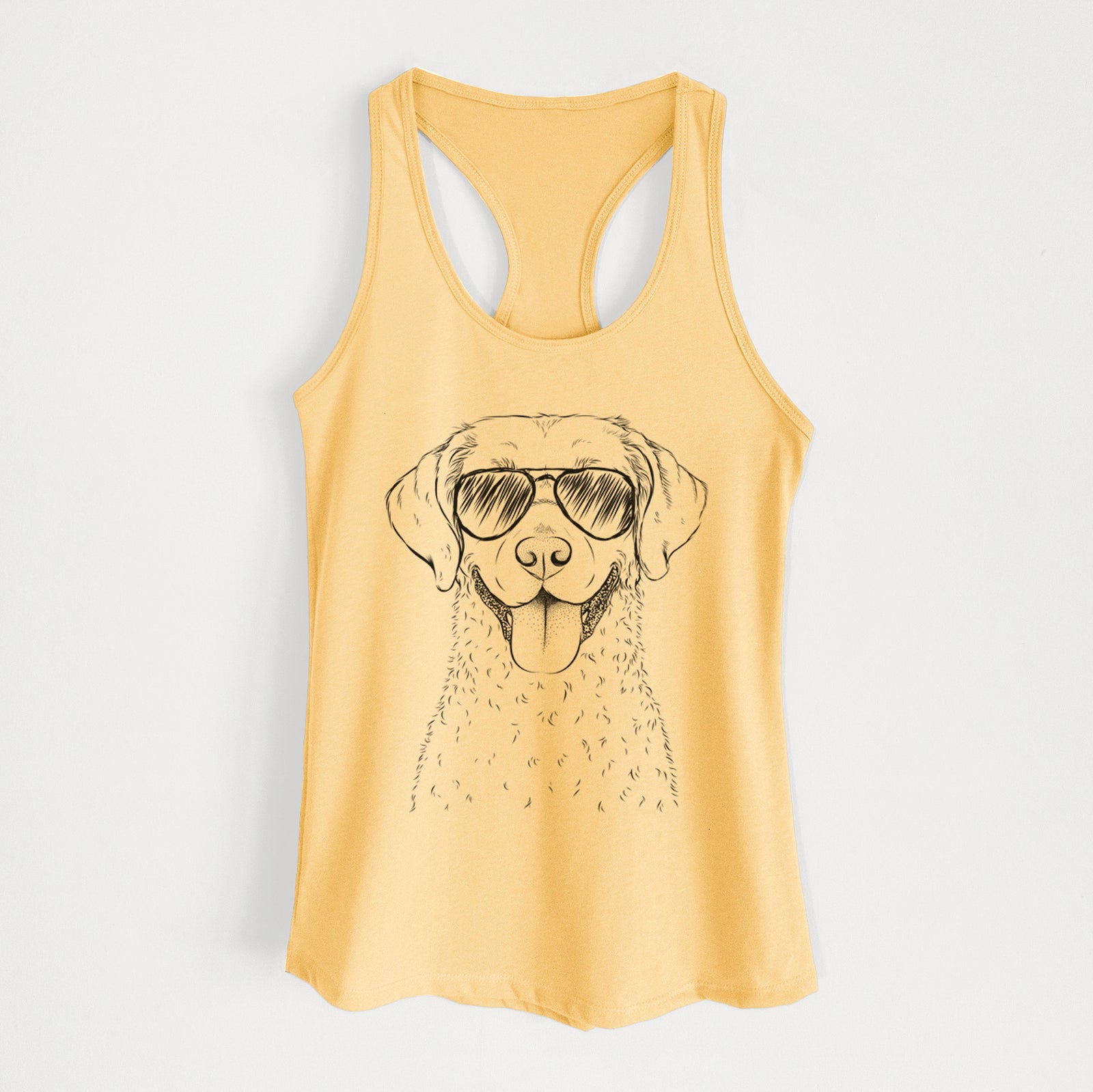 Hand-drawn sketch of Chip the Chesapeake Bay Retriever wearing aviator sunglasses on a Banana Cream Women's racerback tanktop