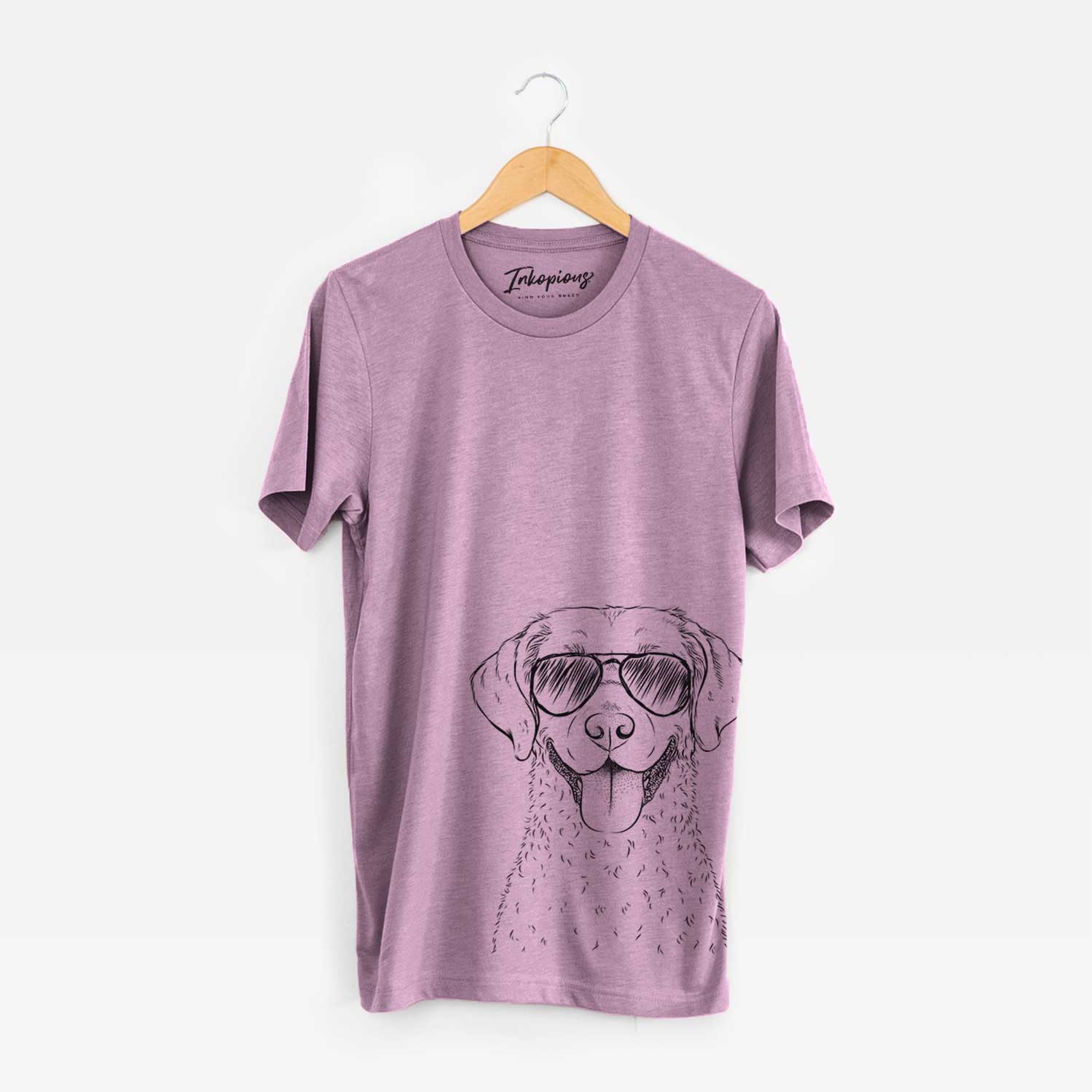 Hand-drawn sketch of Chip the Chesapeake Bay Retriever wearing aviator sunglasses on an Orchid Bella Canvas Unisex Crewneck