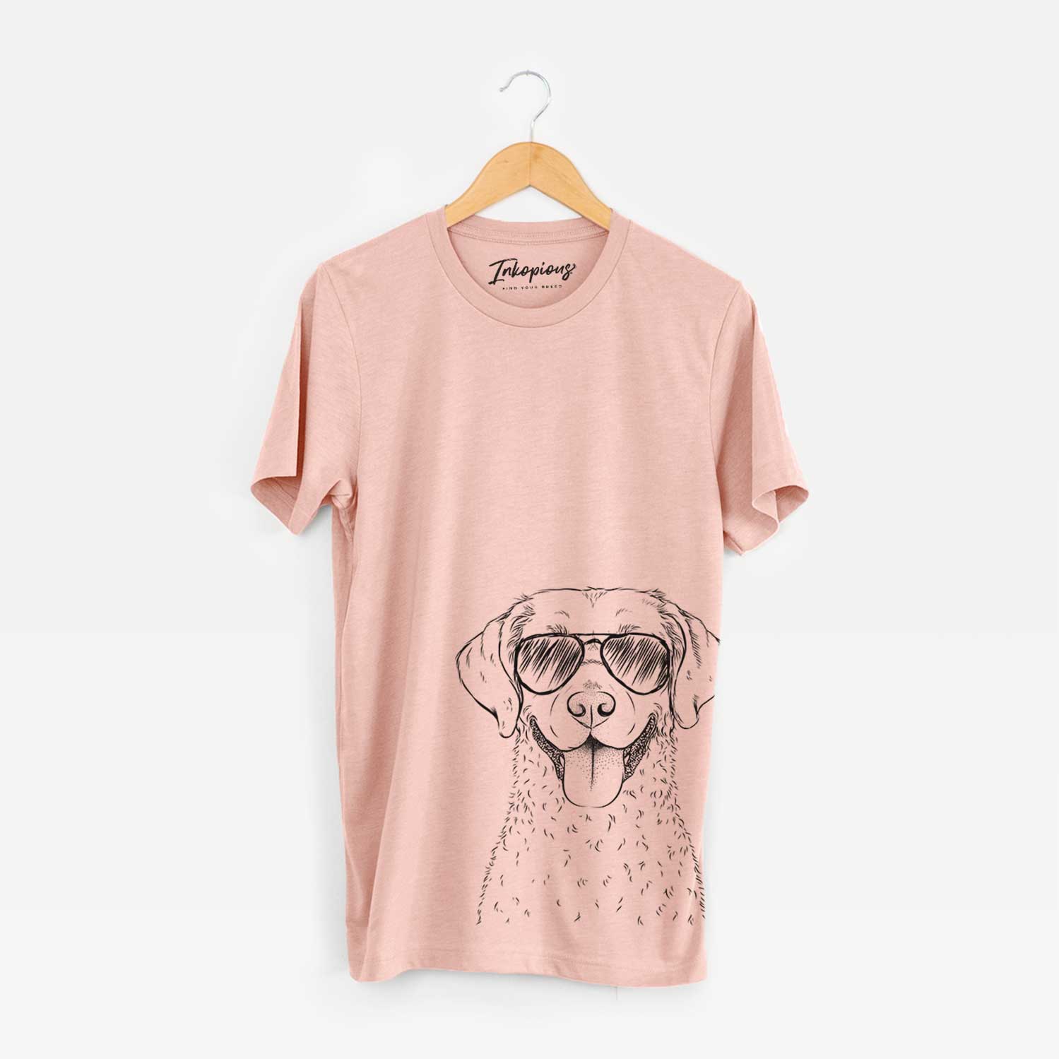 Hand-drawn sketch of Chip the Chesapeake Bay Retriever wearing aviator sunglasses on a Peach Bella Canvas Unisex Crewneck