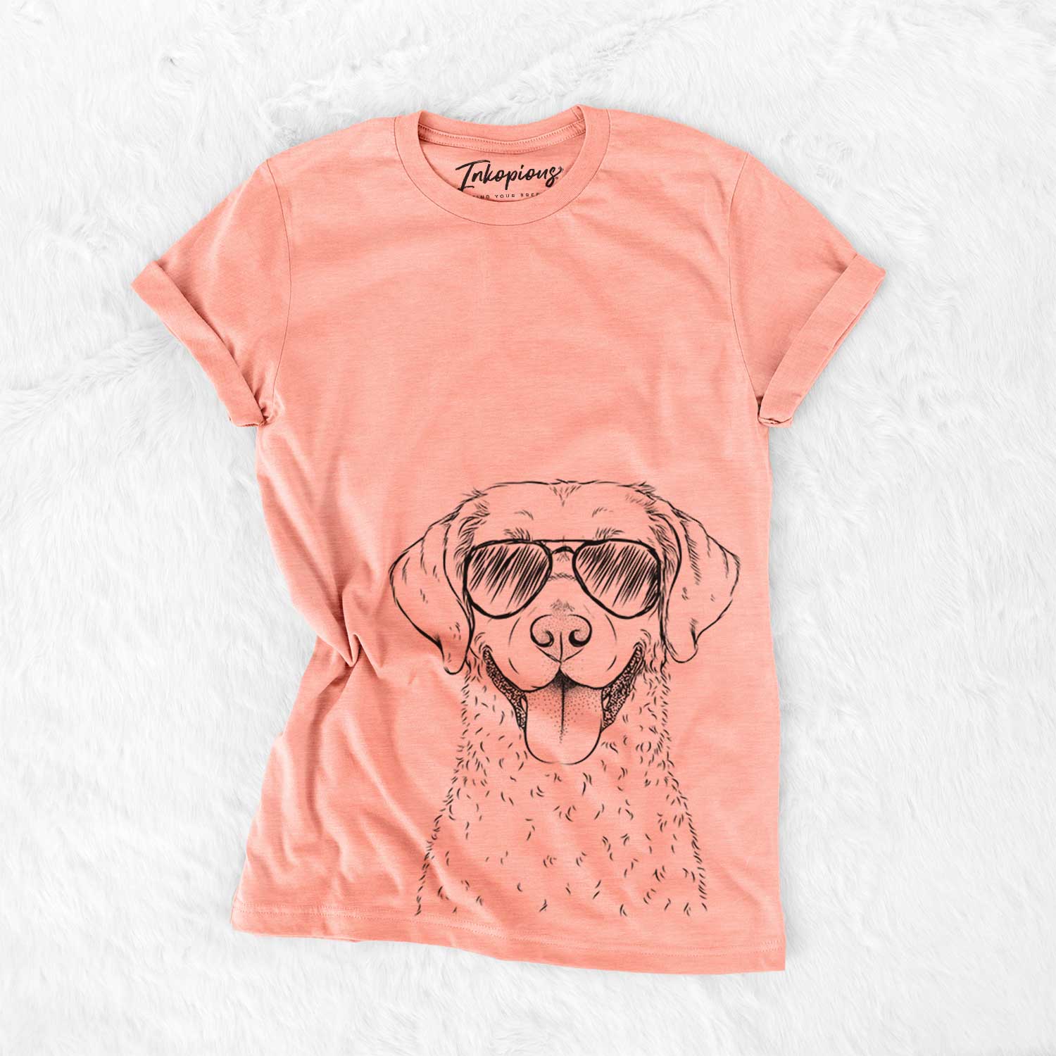 Hand-drawn sketch of Chip the Chesapeake Bay Retriever wearing aviator sunglasses on a Sunset Bella Canvas Unisex Crewneck