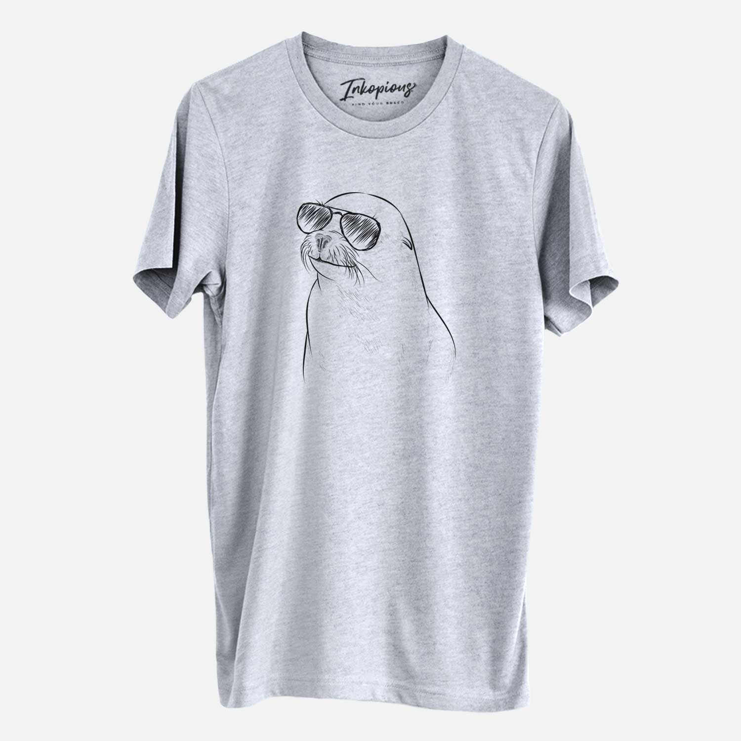 Hand-drawn sketch of Chip the California Sea Lion wearing aviator sunglasses on a Grey Unisex crewneck