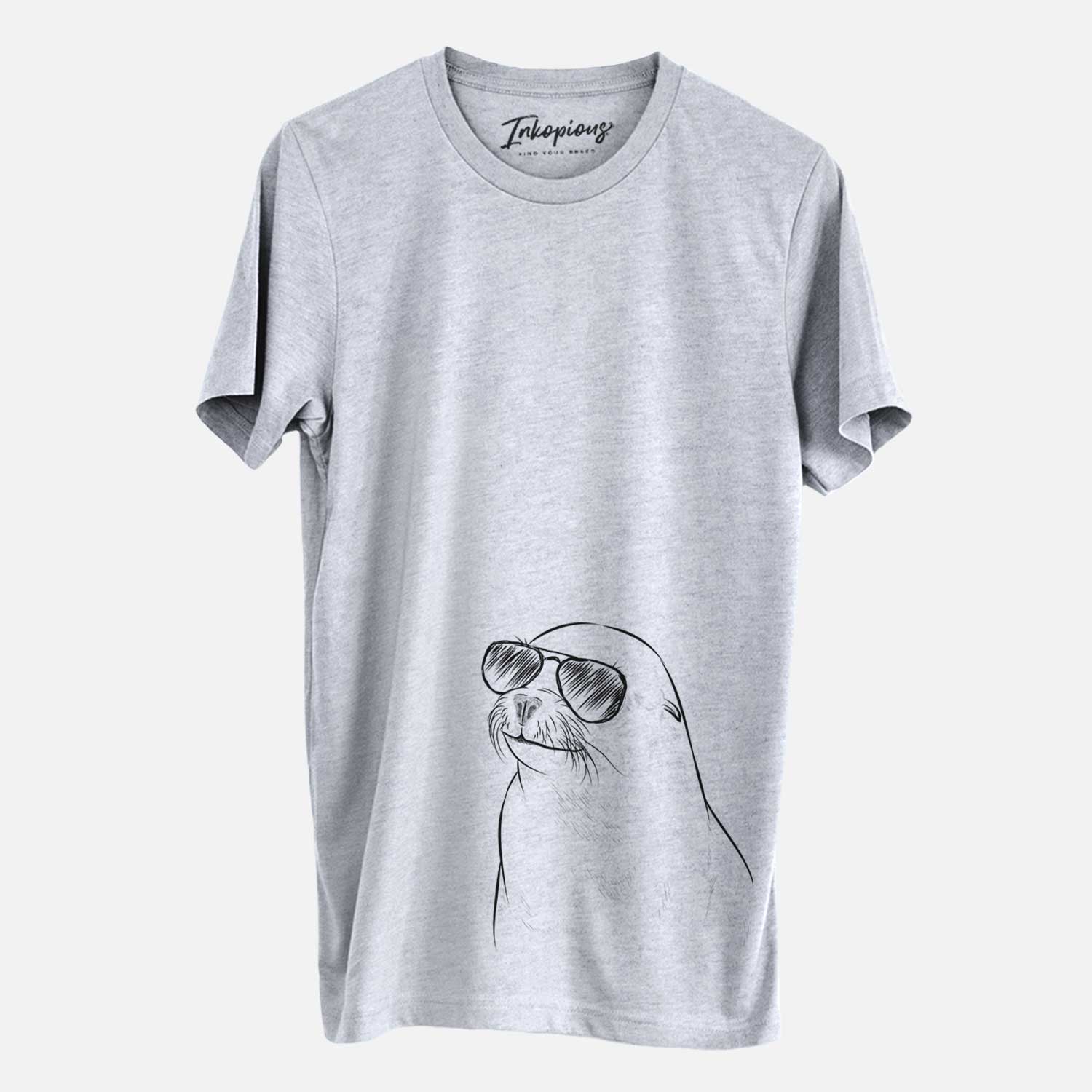Hand-drawn sketch of Chip the California Sea Lion wearing aviator sunglasses on a Grey Unisex crewneck