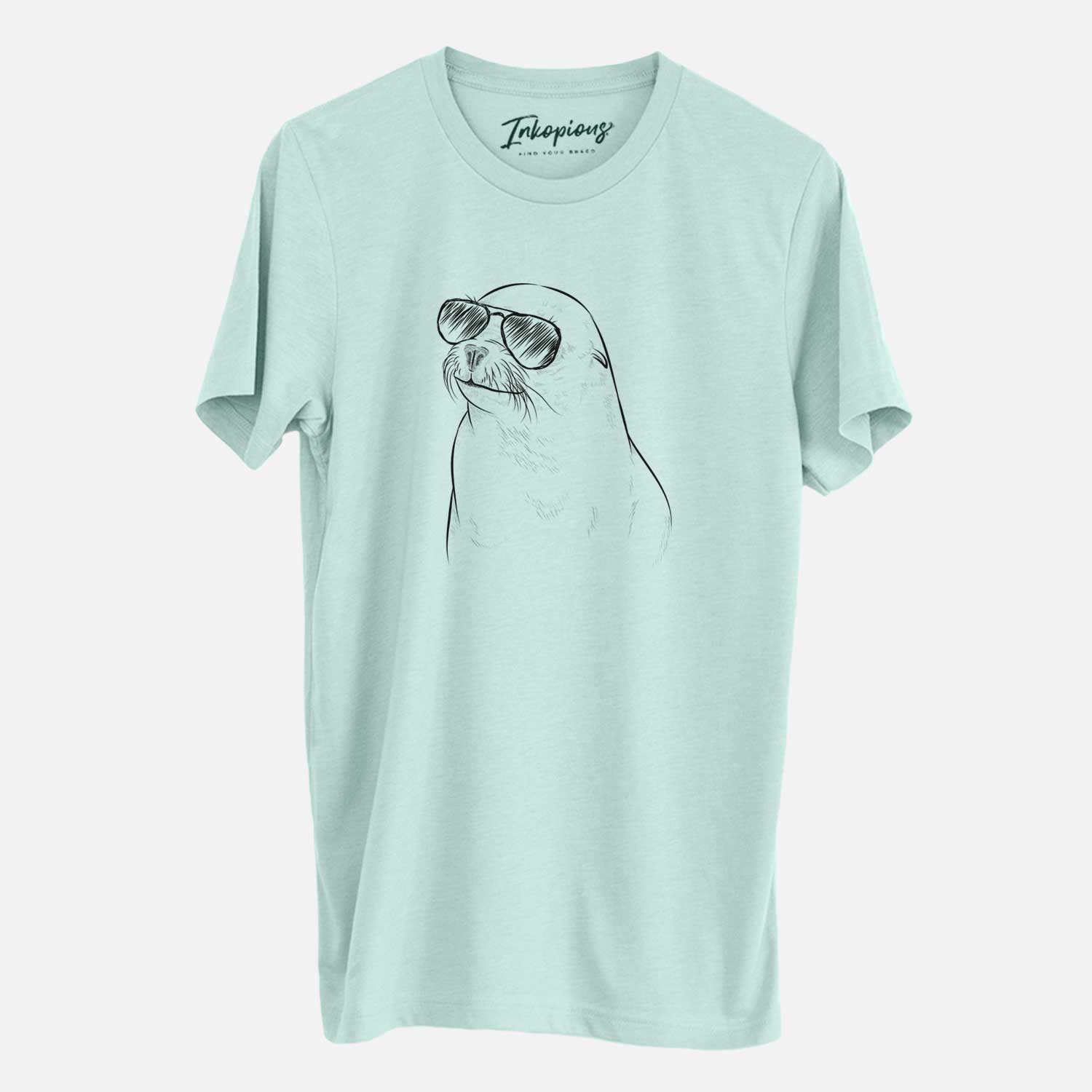 Hand-drawn sketch of Chip the California Sea Lion wearing aviator sunglasses on a Heather Sage Unisex crewneck