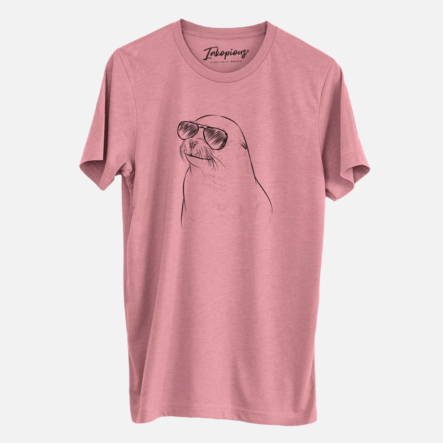 Hand-drawn sketch of Chip the California Sea Lion wearing aviator sunglasses on a Mauve Unisex crewneck