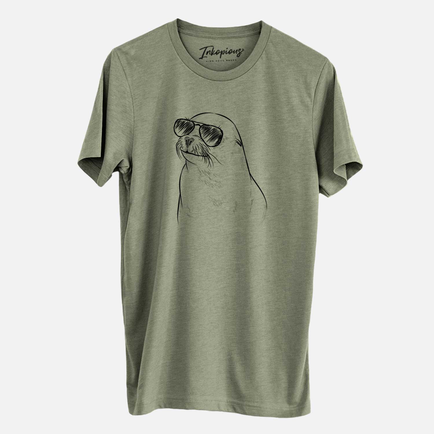 Hand-drawn sketch of Chip the California Sea Lion wearing aviator sunglasses on an Olive Unisex crewneck