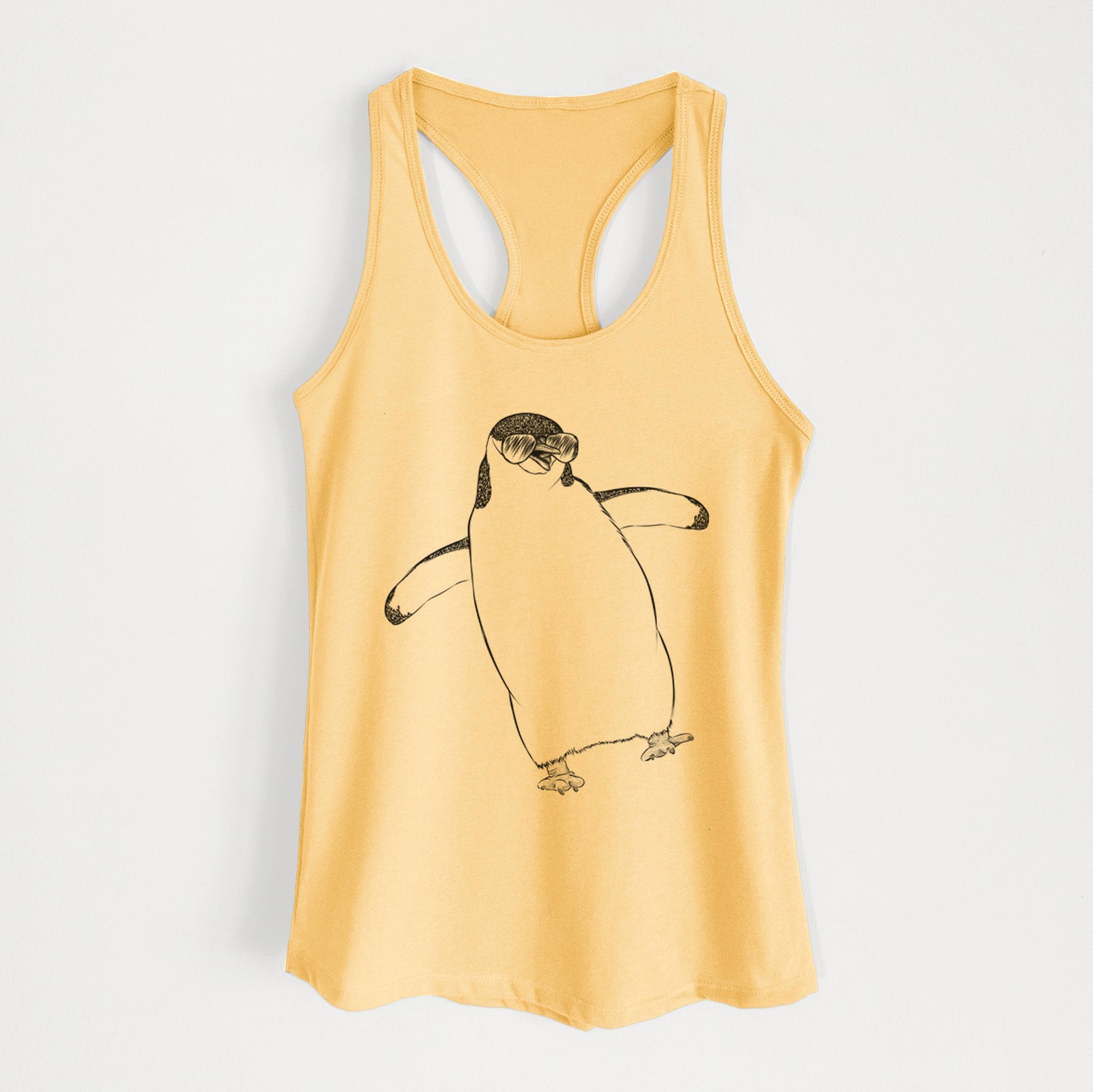 Hand-drawn sketch of Chive the Chinstrap Penguin wearing aviator sunglasses on a Banana Cream Women's racerback tanktop