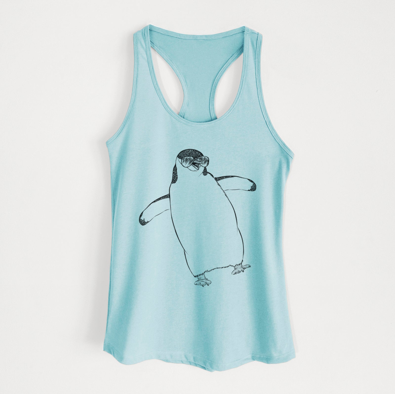 Hand-drawn sketch of Chive the Chinstrap Penguin wearing aviator sunglasses on a Cancun Blue Women's racerback tanktop