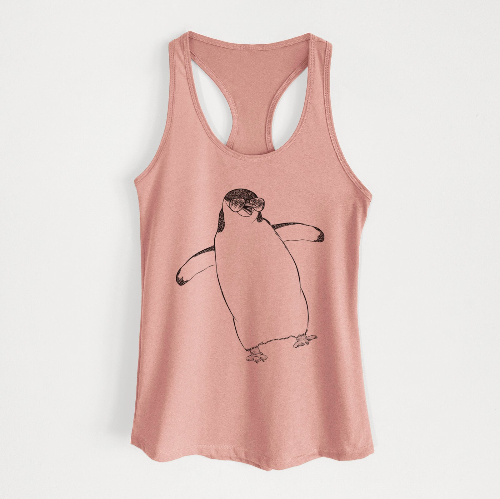 Hand-drawn sketch of Chive the Chinstrap Penguin wearing aviator sunglasses on a Desert Pink Women's racerback tanktop