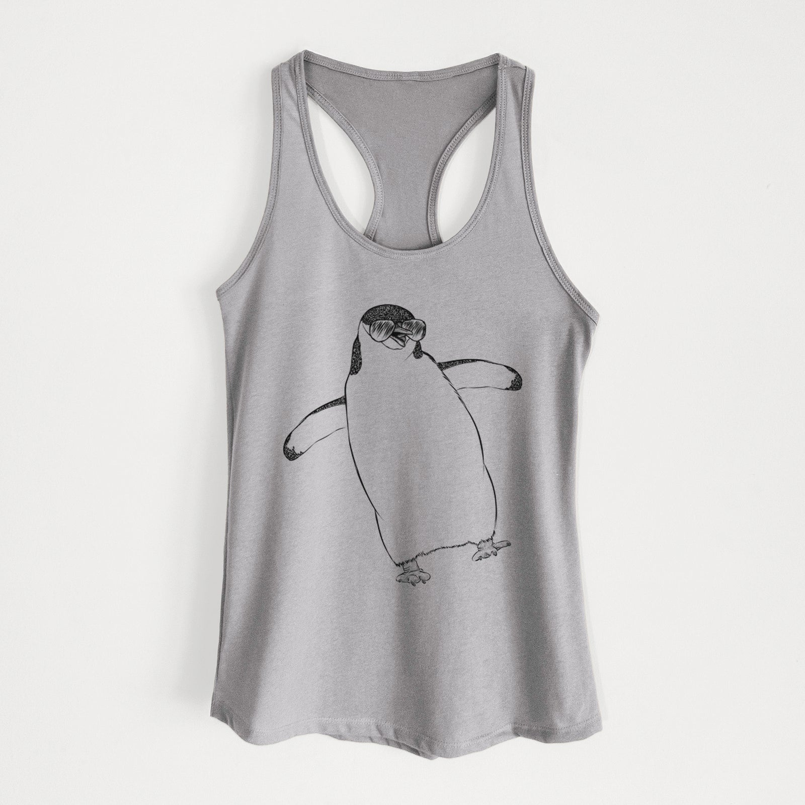 Hand-drawn sketch of Chive the Chinstrap Penguin wearing aviator sunglasses on a Heather Grey Women's racerback tanktop