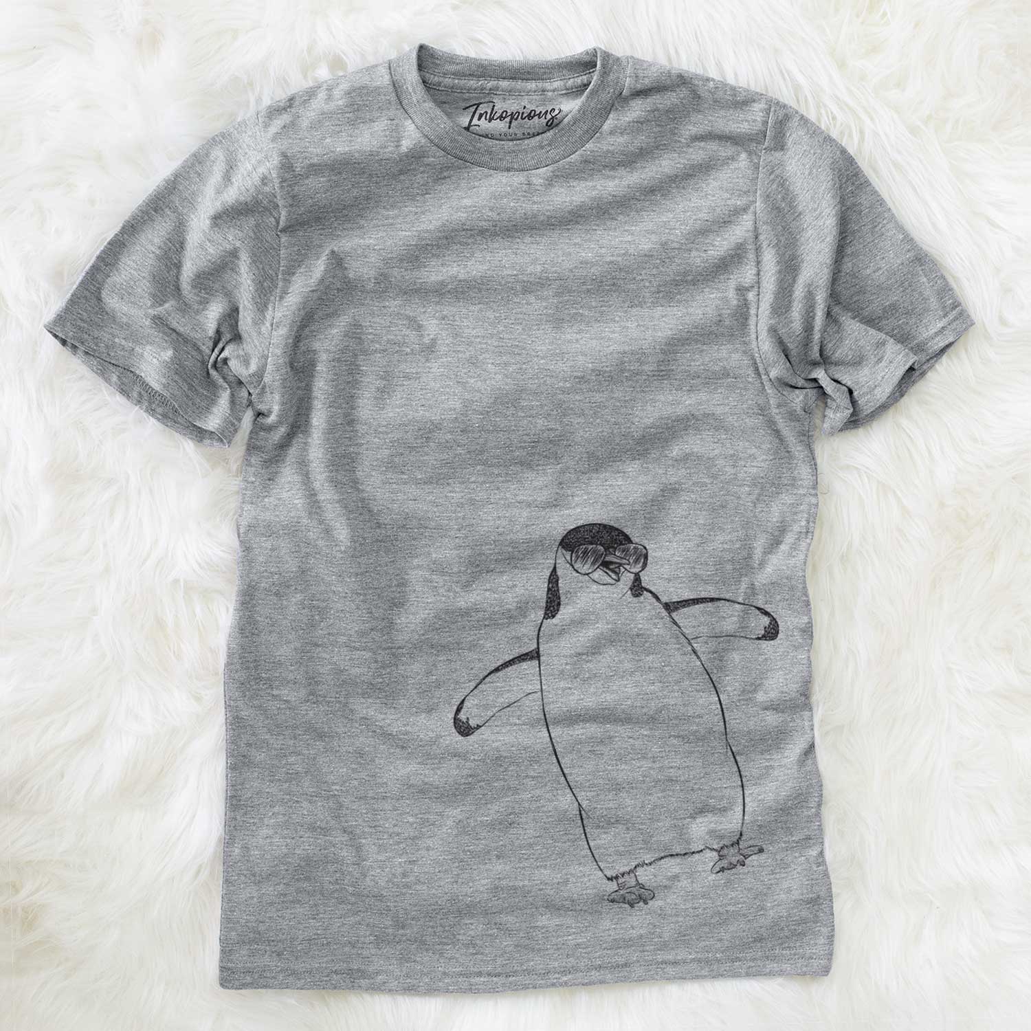 Hand-drawn sketch of Chive the Chinstrap Penguin wearing aviator sunglasses on a Grey Unisex crewneck