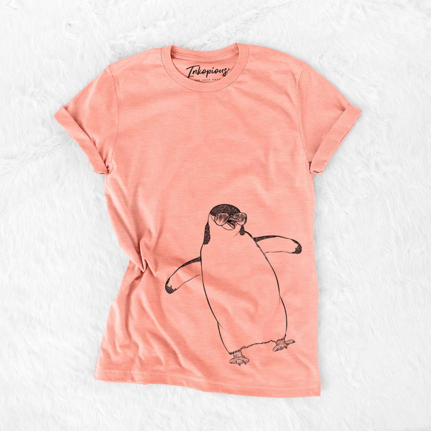 Hand-drawn sketch of Chive the Chinstrap Penguin wearing aviator sunglasses on a Sunset Bella Canvas Unisex Crewneck