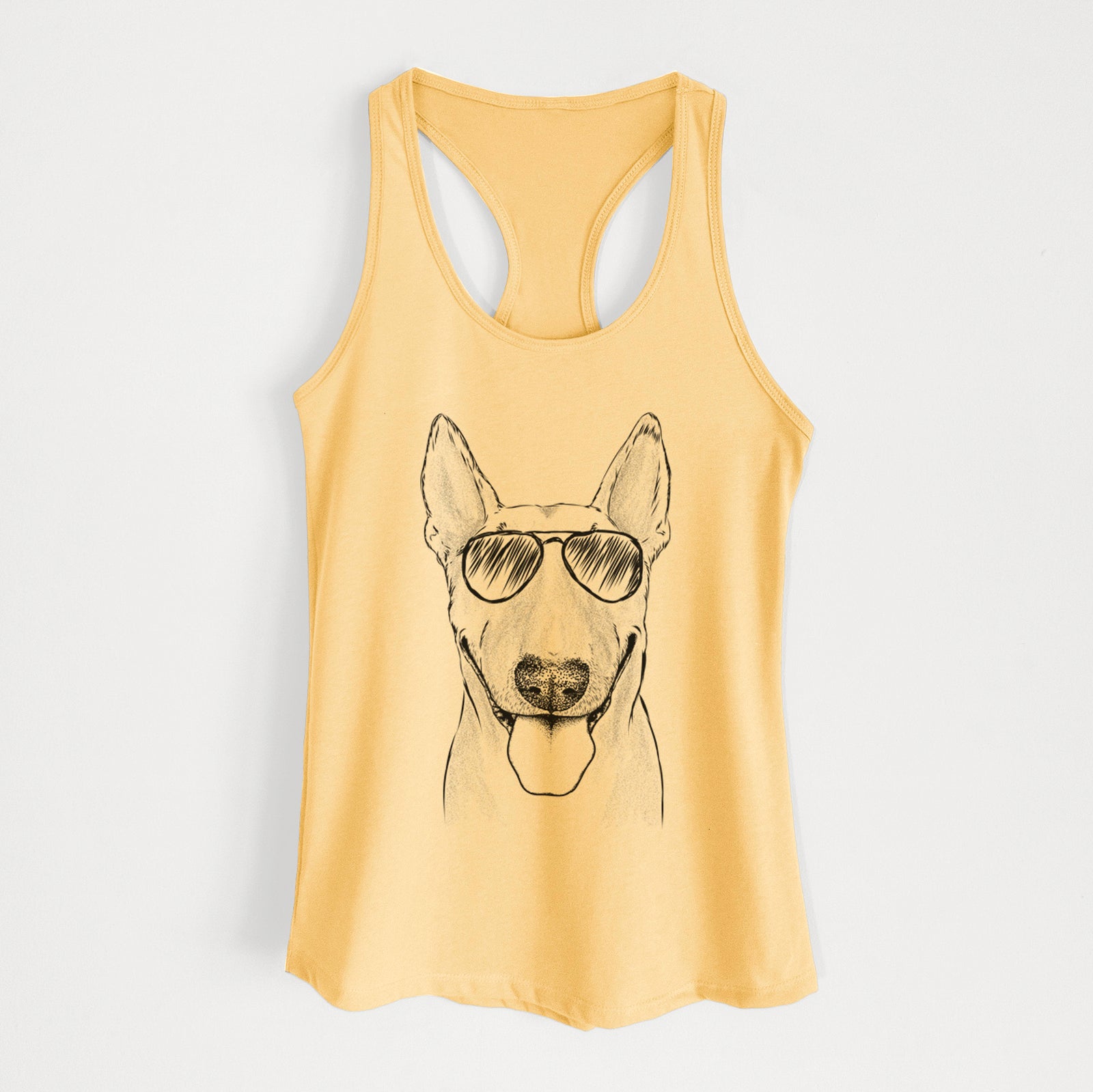 Hand-drawn sketch of Chloe the Bull Terrier wearing aviator sunglasses on a Banana Cream Women's racerback tanktop