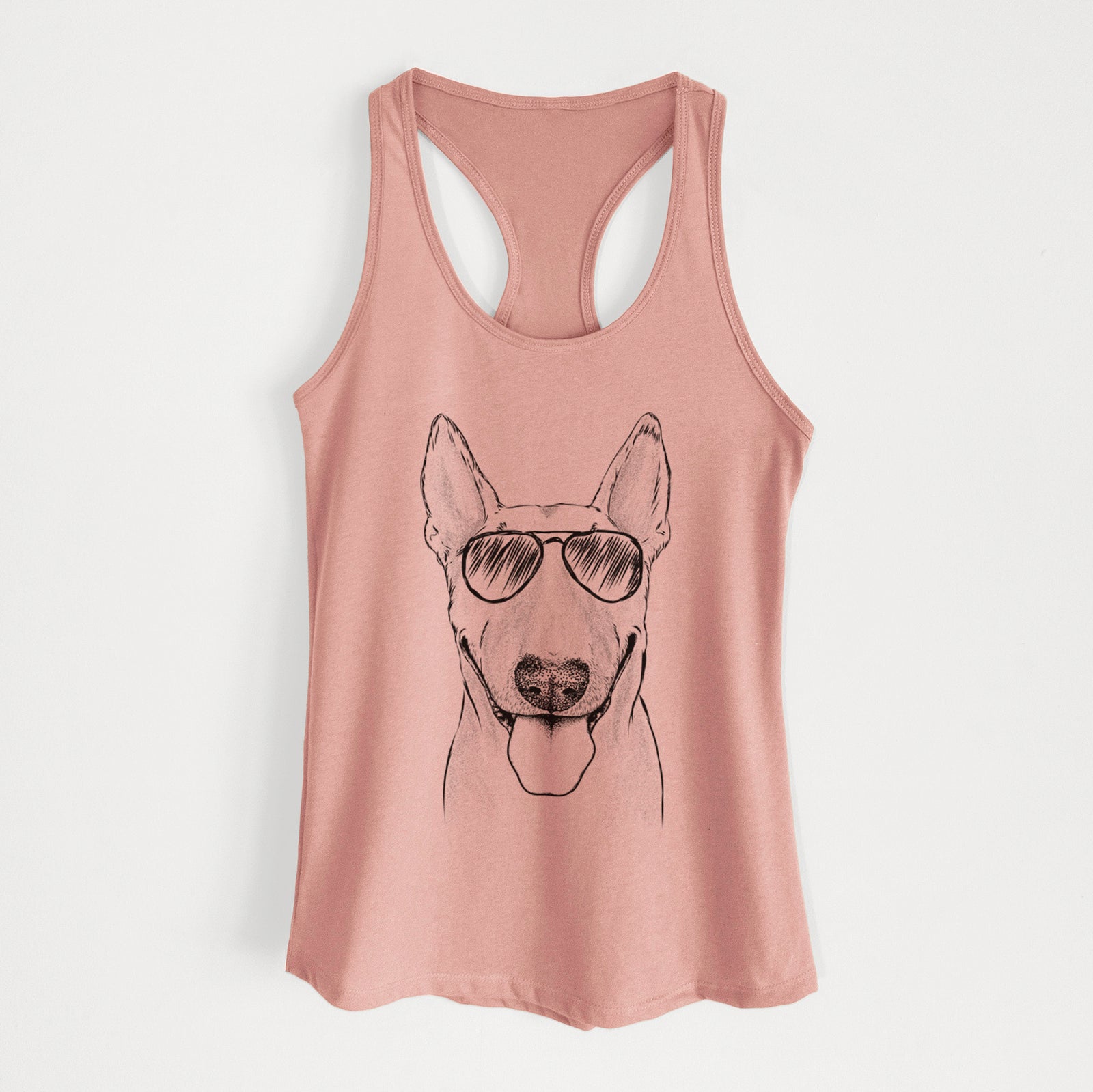Hand-drawn sketch of Chloe the Bull Terrier wearing aviator sunglasses on a Desert Pink Women's racerback tanktop