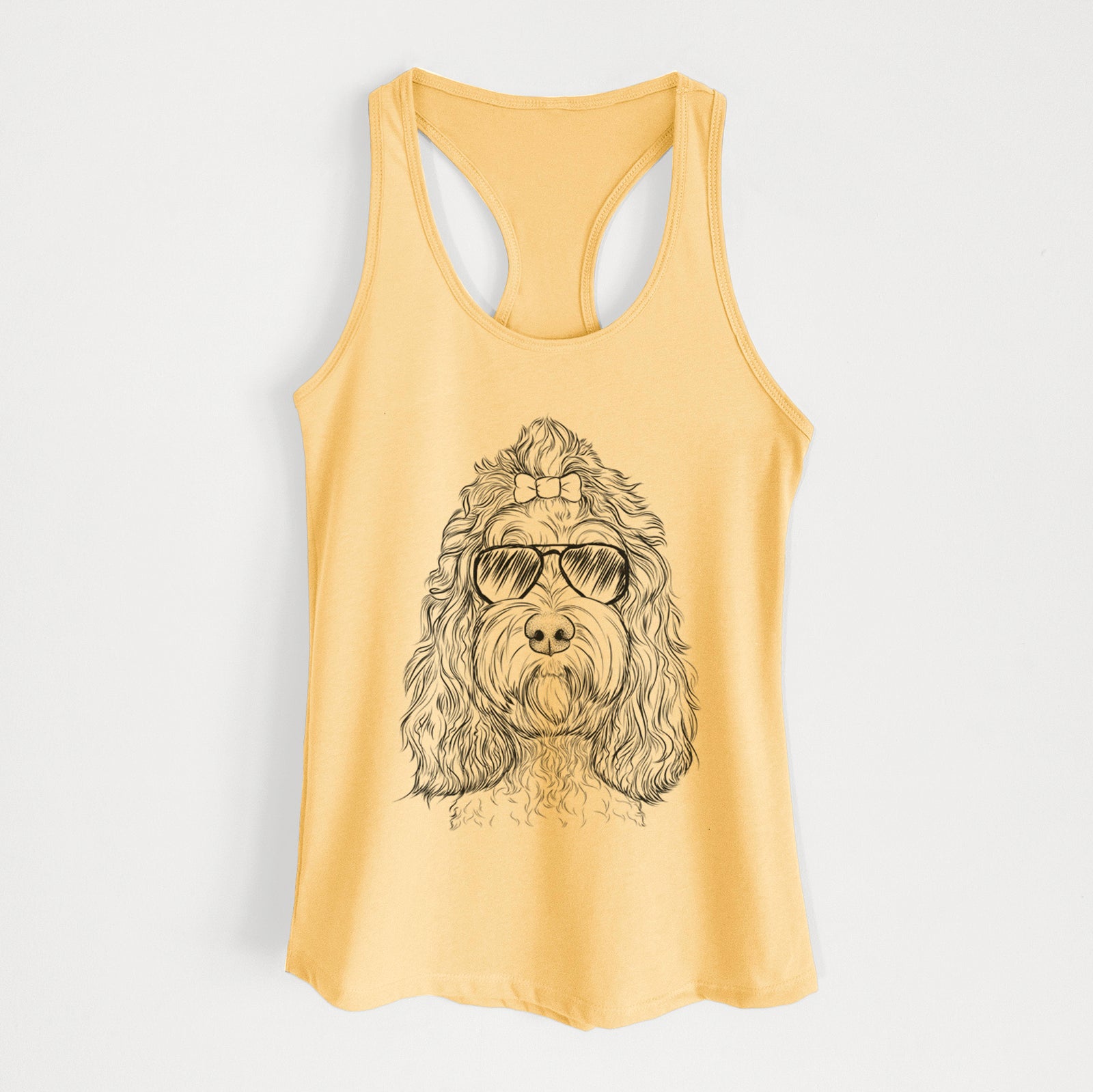 Hand-drawn sketch of Chloe the Cockapoo wearing aviator sunglasses on a Banana Cream Women's racerback tanktop