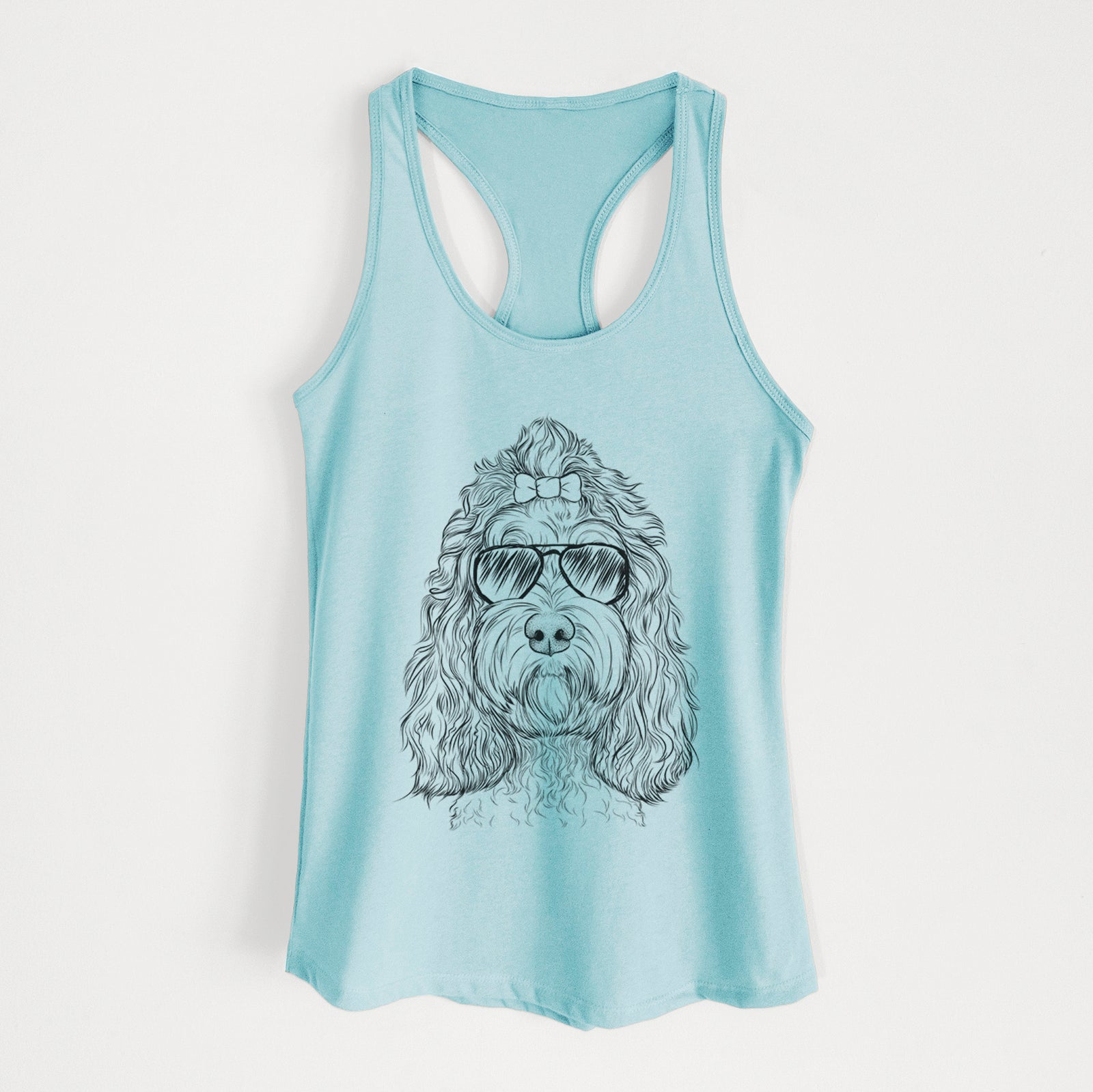 Hand-drawn sketch of Chloe the Cockapoo wearing aviator sunglasses on a Cancun Blue Women's racerback tanktop
