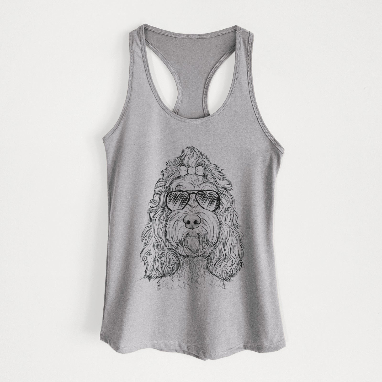 Hand-drawn sketch of Chloe the Cockapoo wearing aviator sunglasses on a Heather Grey Women's racerback tanktop