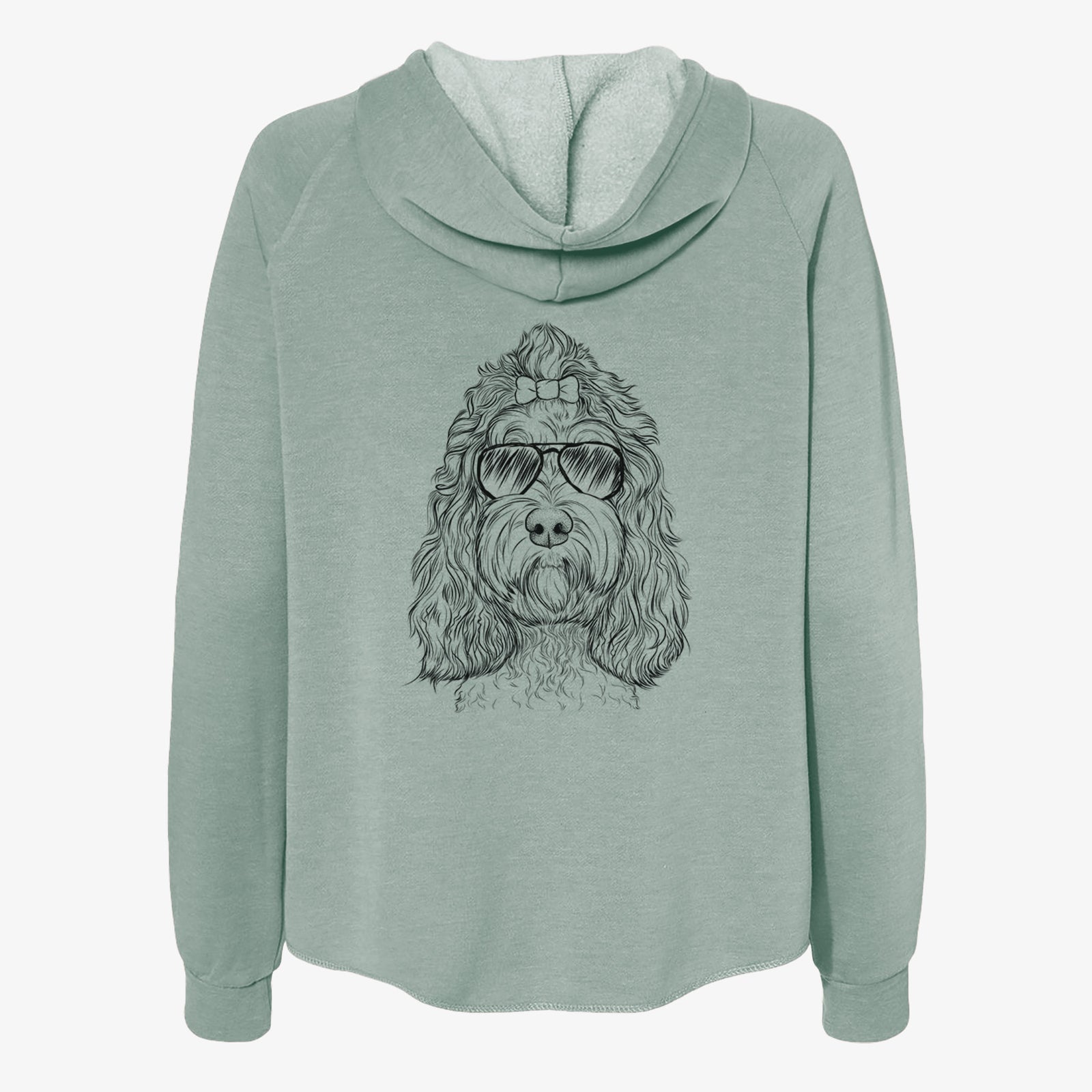 Hand-drawn sketch of Chloe the Cockapoo wearing aviator sunglasses on a Sage Women's cali wave zip-up sweatshirt