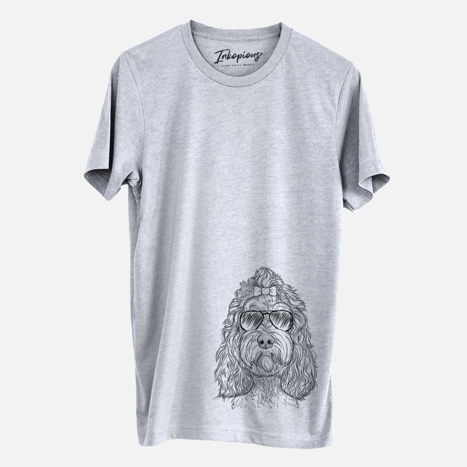 Hand-drawn sketch of Chloe the Cockapoo wearing aviator sunglasses on a Grey Unisex crewneck