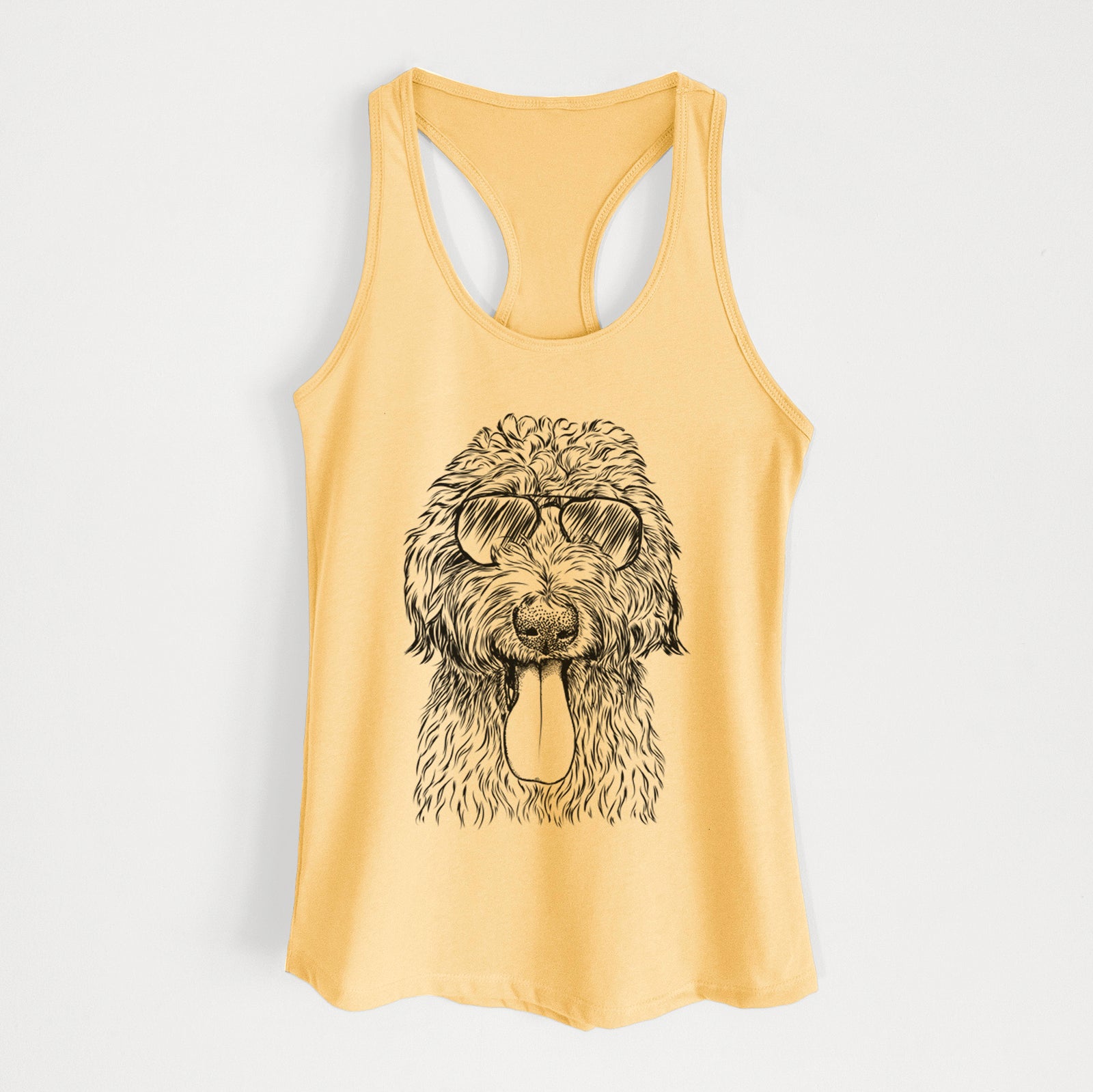 Hand-drawn sketch of CiCi Paulk the Aussiedoodle wearing aviator sunglasses on a Banana Cream Women's racerback tanktop