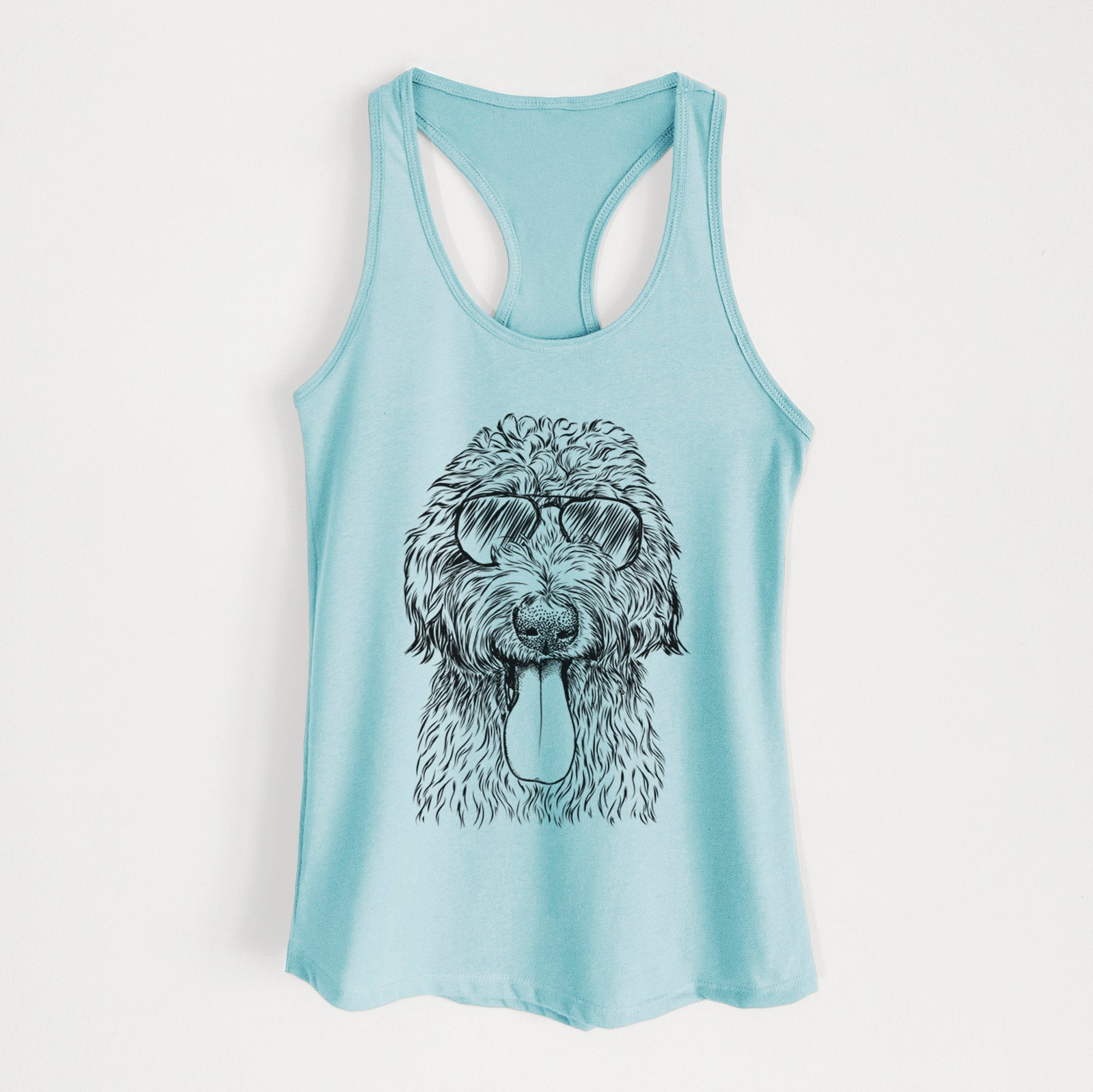 Hand-drawn sketch of CiCi Paulk the Aussiedoodle wearing aviator sunglasses on a Cancun Blue Women's racerback tanktop