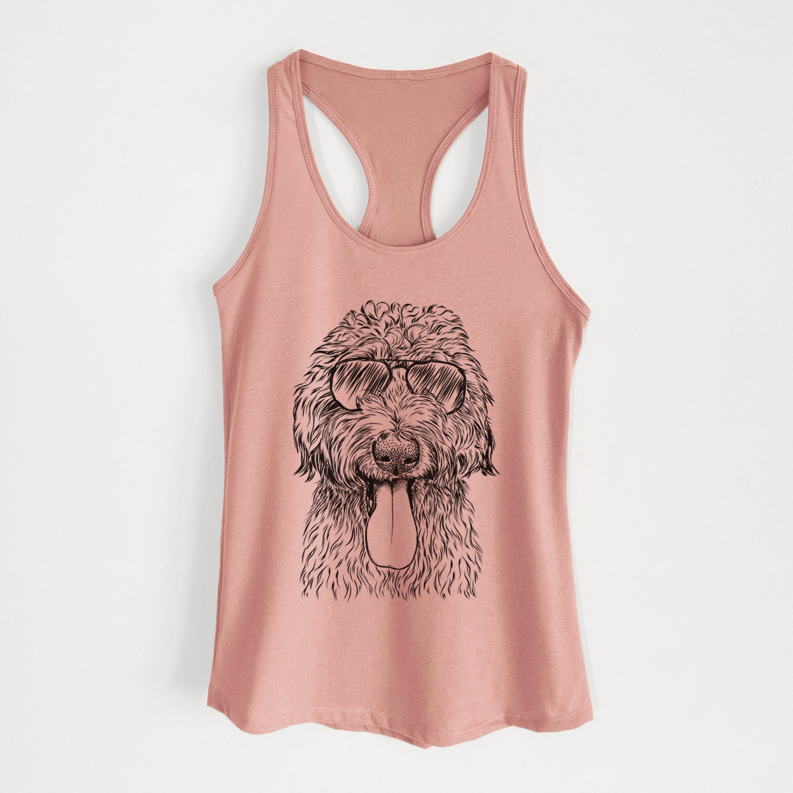 Hand-drawn sketch of CiCi Paulk the Aussiedoodle wearing aviator sunglasses on a Desert Pink Women's racerback tanktop