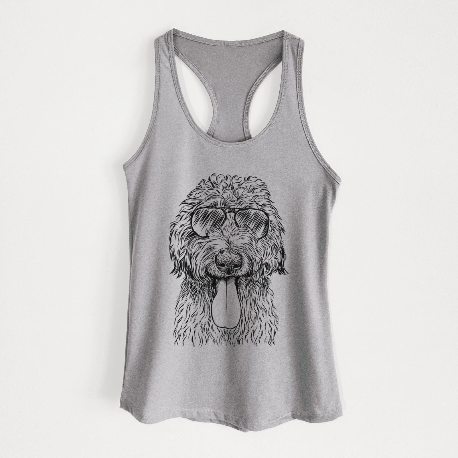 Hand-drawn sketch of CiCi Paulk the Aussiedoodle wearing aviator sunglasses on a Heather Grey Women's racerback tanktop