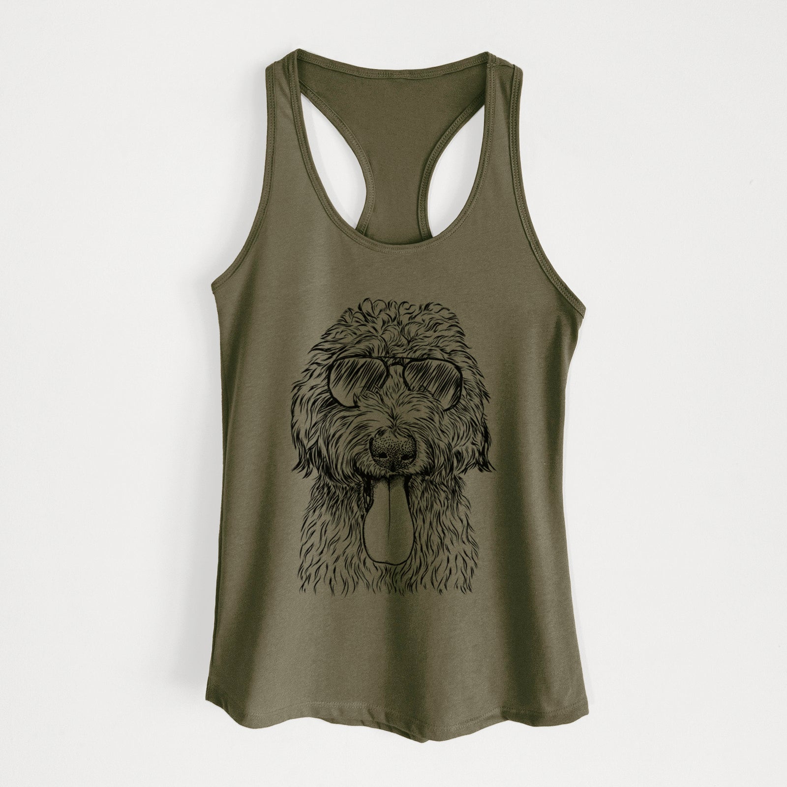 Hand-drawn sketch of CiCi Paulk the Aussiedoodle wearing aviator sunglasses on a Military Green Women's racerback tanktop