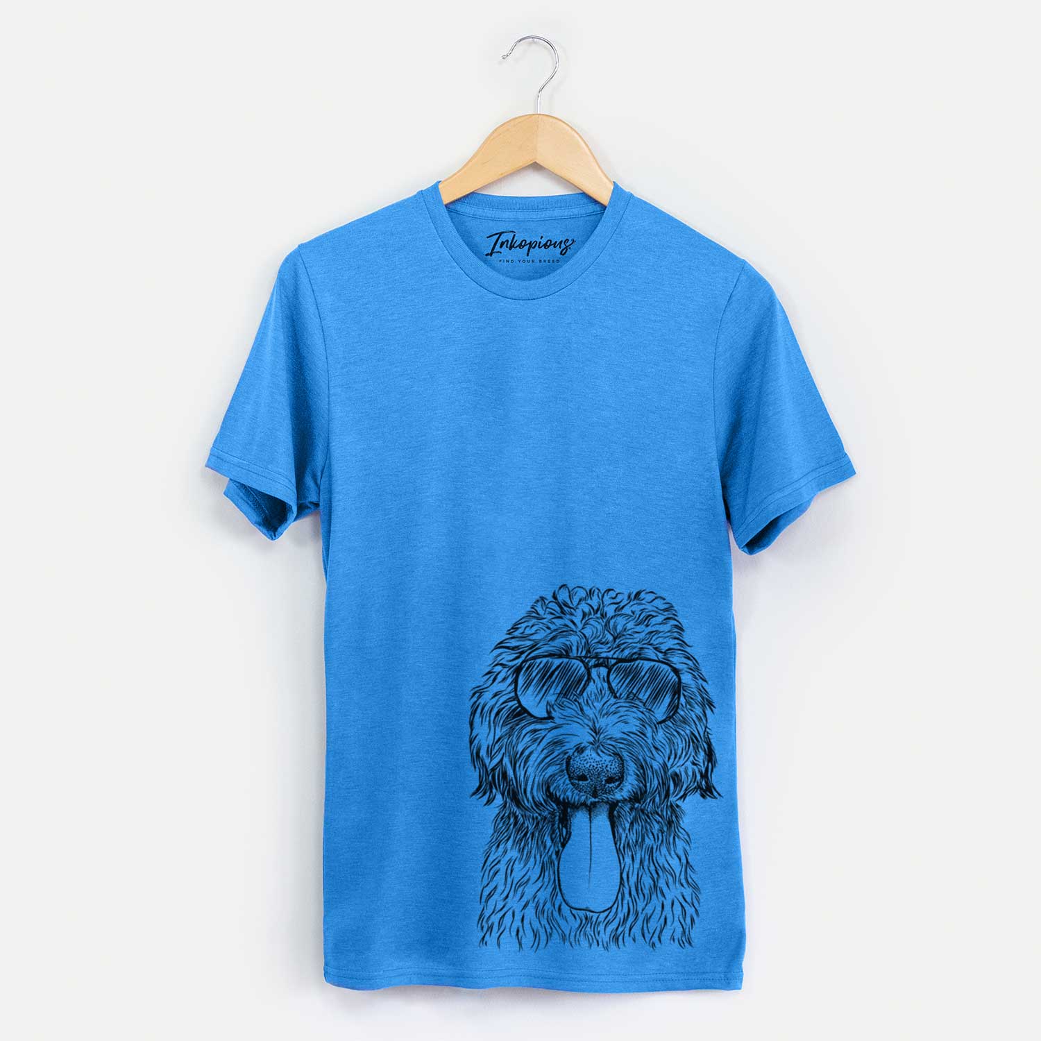Hand-drawn sketch of CiCi Paulk the Aussiedoodle wearing aviator sunglasses on a Blue Unisex crewneck
