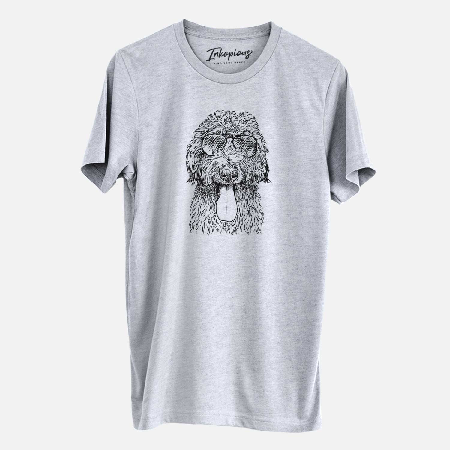 Hand-drawn sketch of CiCi Paulk the Aussiedoodle wearing aviator sunglasses on a Grey Unisex crewneck