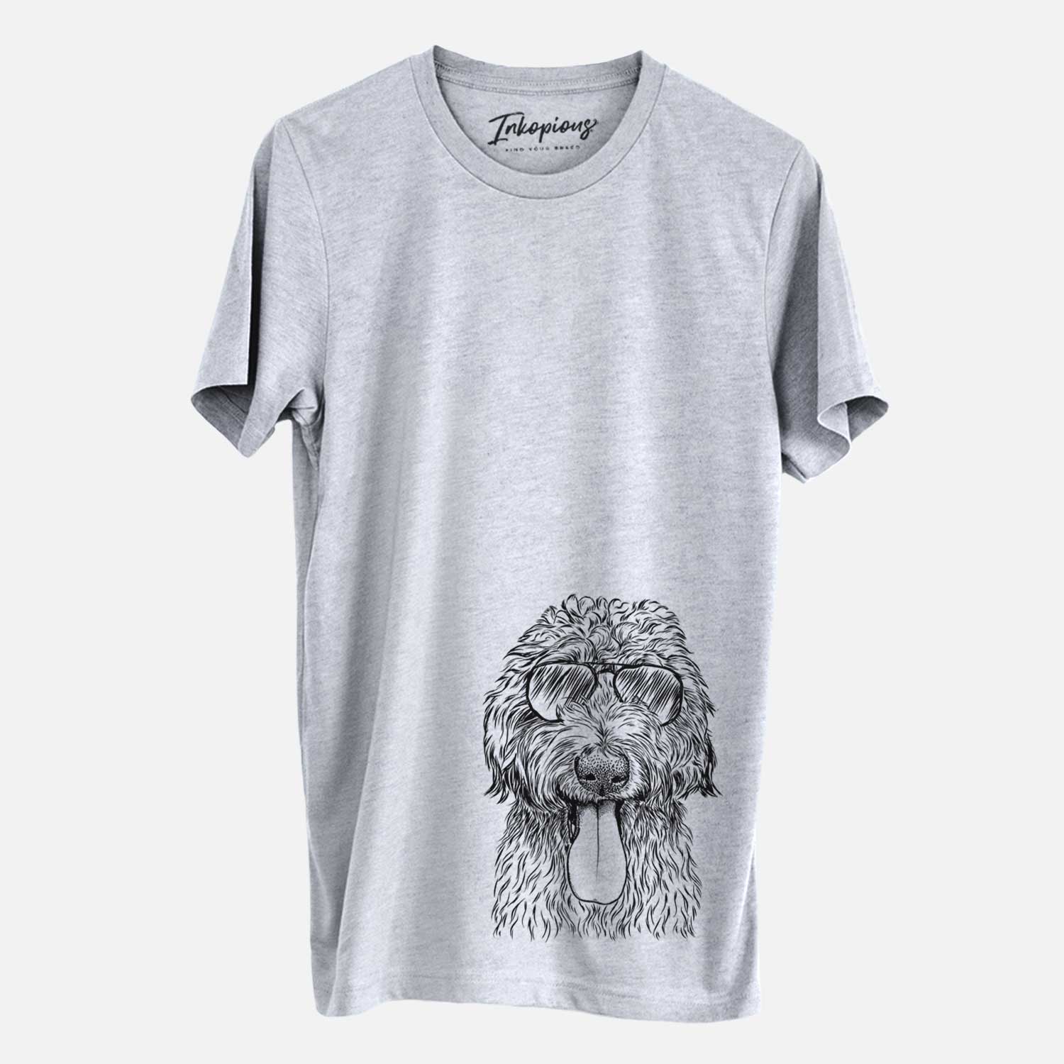 Hand-drawn sketch of CiCi Paulk the Aussiedoodle wearing aviator sunglasses on a Grey Unisex crewneck